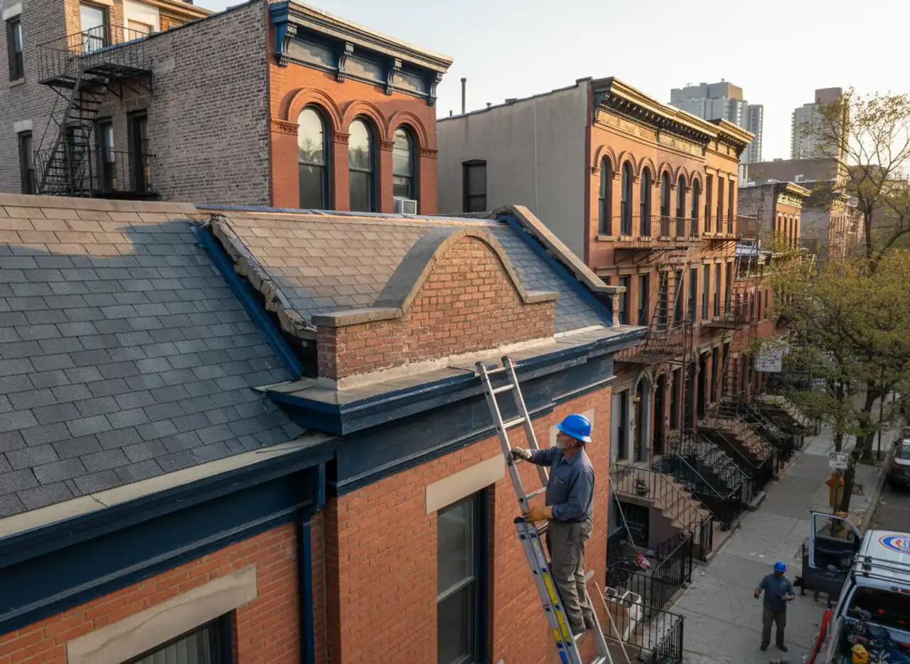Before and after view of a repaired residential roof in Brooklyn, showing restored integrity.