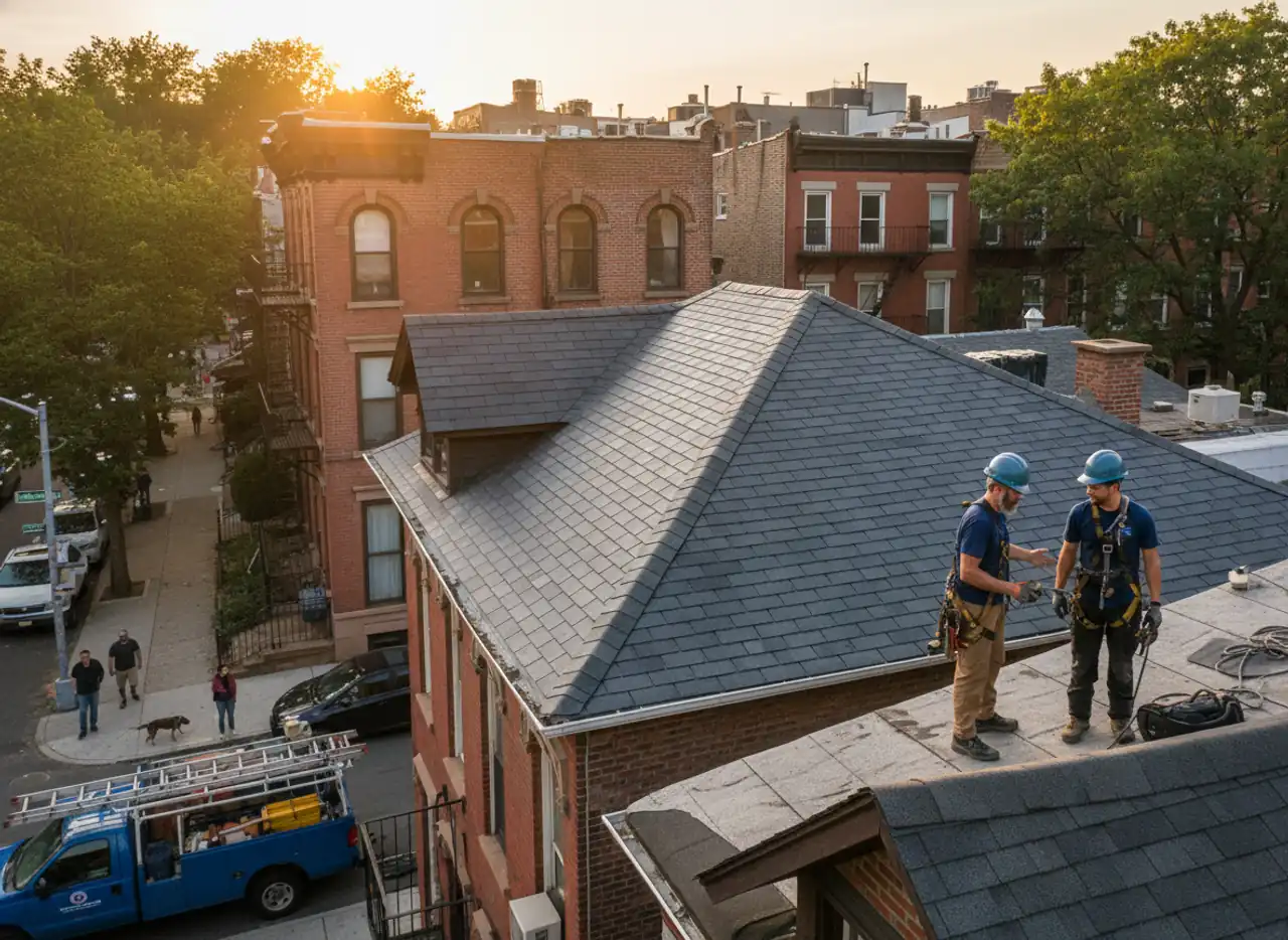 Before and after photo of a repaired shingle roof on a Bushwick brownstone
