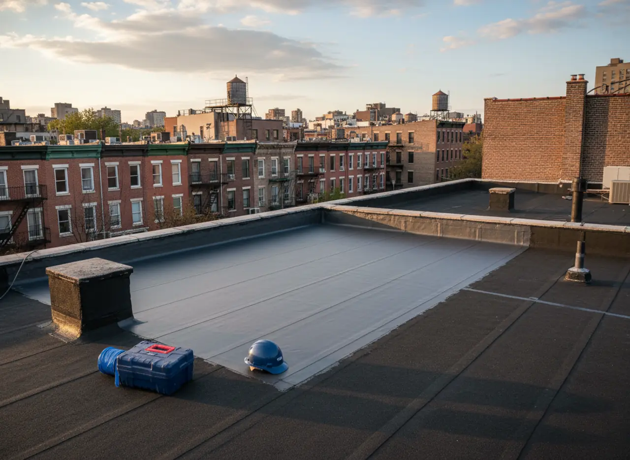 A close-up of a repaired section of a flat roof, showing a smooth flat roof patch with durable...