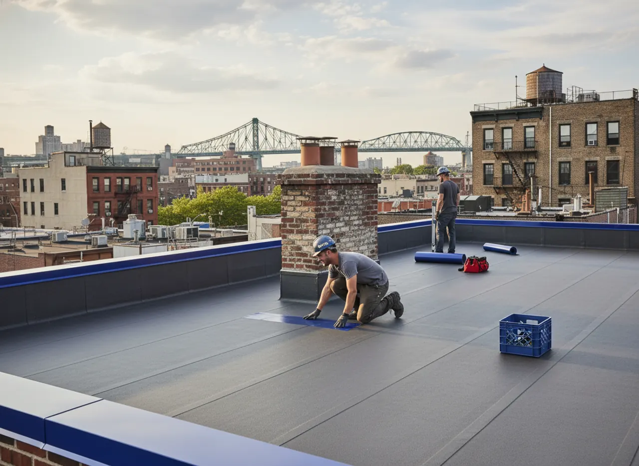 Completed flat roof repair with new membrane in Greenpoint, Brooklyn