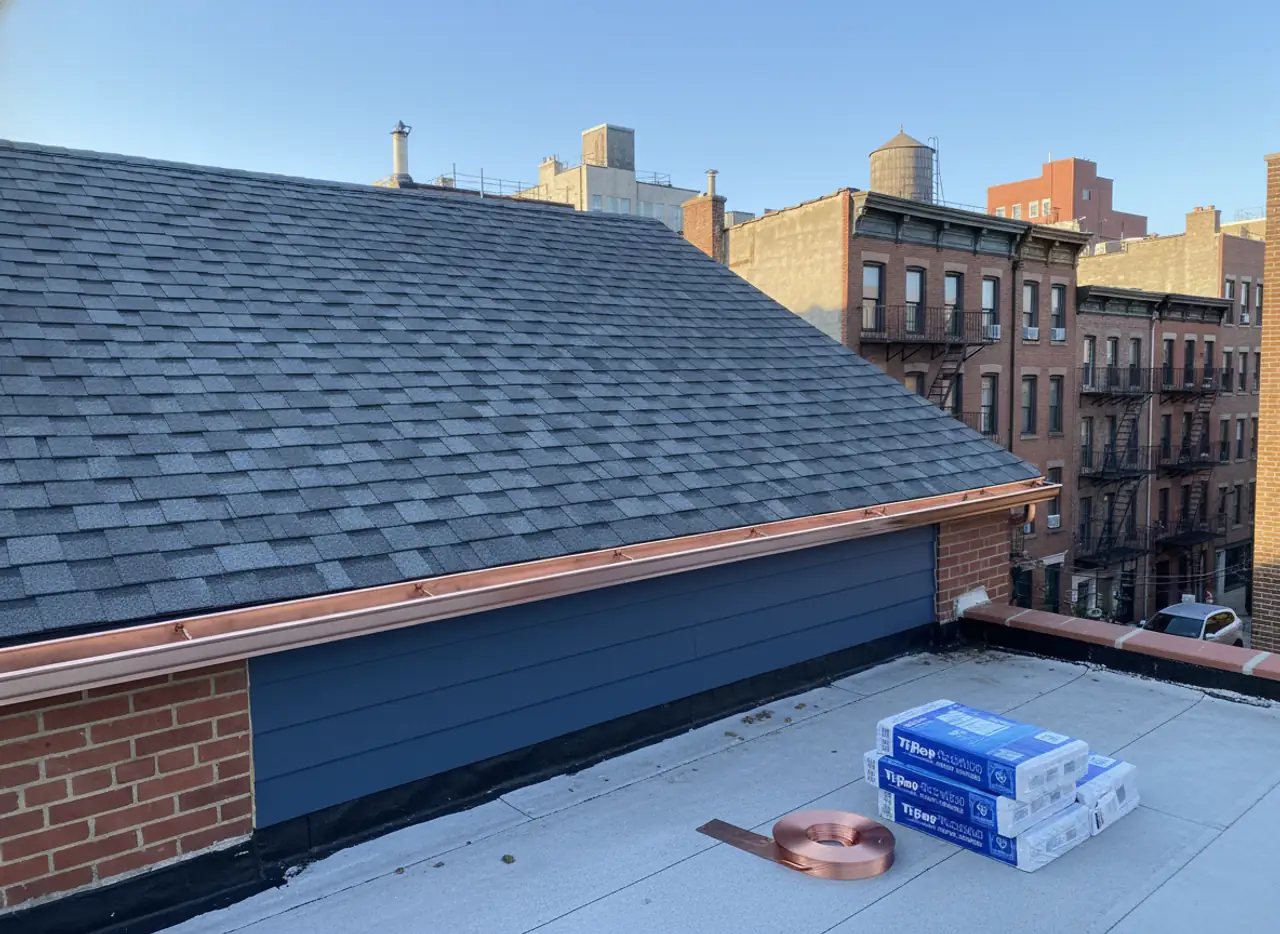 TipTop Roofing Williamsburg crew working on a roof, demonstrating attention to detail and safety.