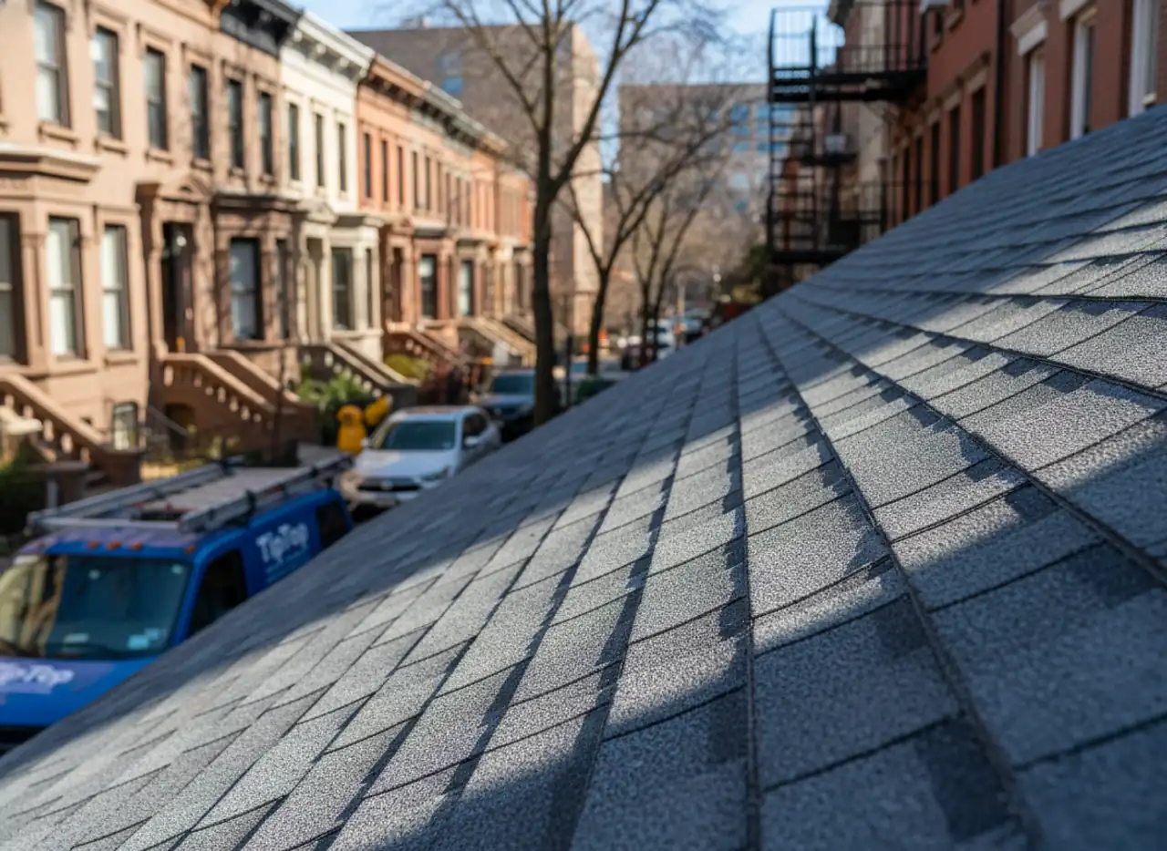 Close-up of new asphalt shingles, demonstrating the strength and finish of a professional roof...