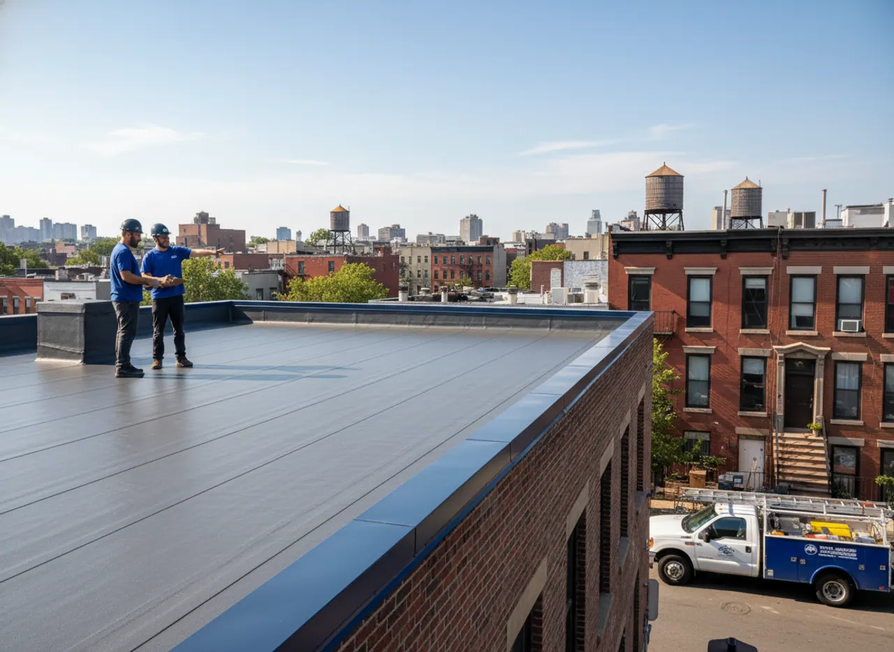 Completed flat roof replacement on a commercial building in Williamsburg.