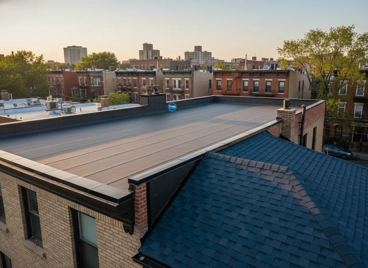 Close-up of a high-quality, durable roofing material being installed on a Bushwick roof.