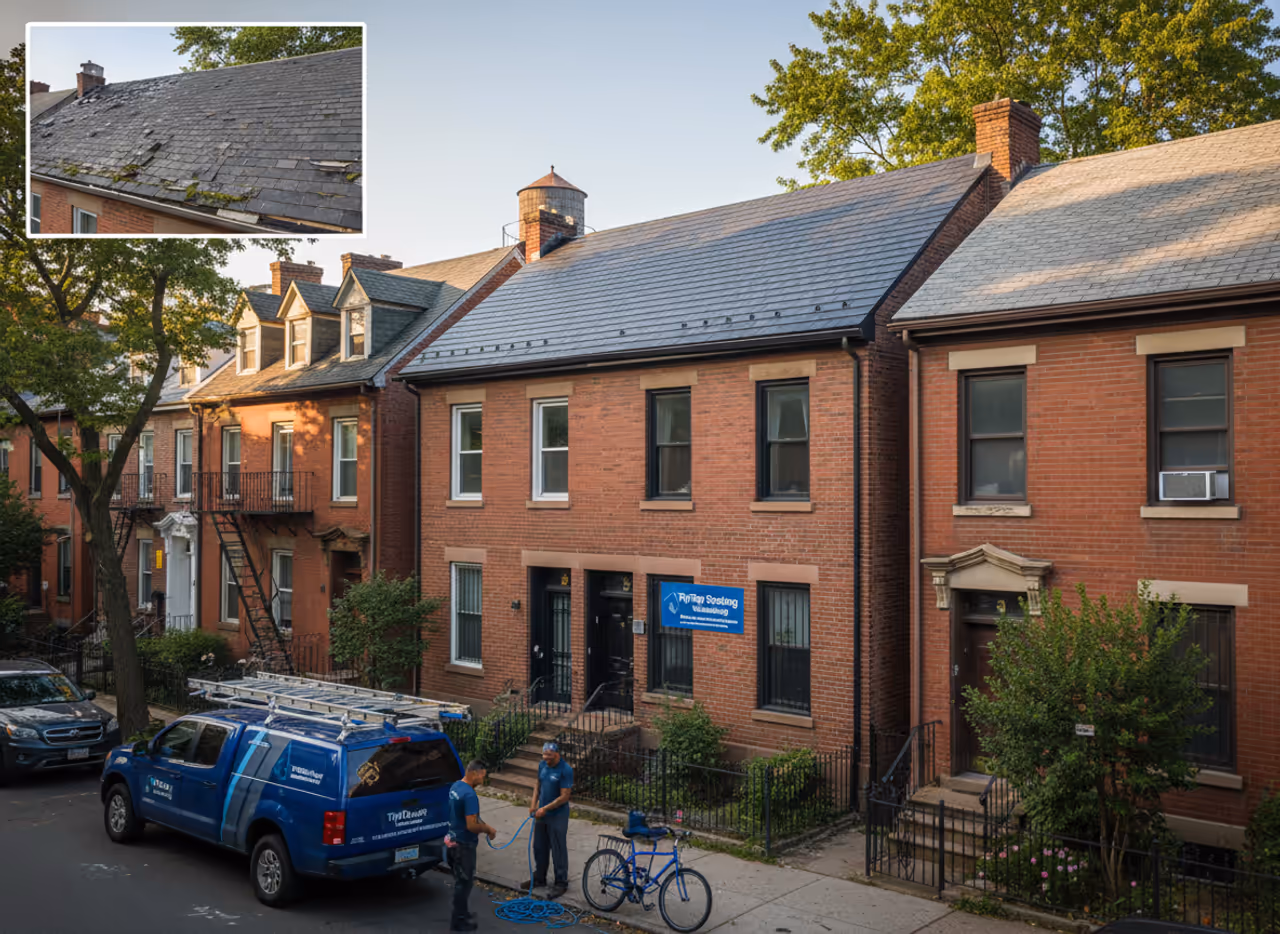 Before and after of a residential roof in East Williamsburg, showing significant improvement...
