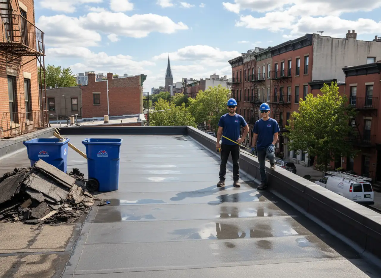 Before and after comparison of a flat roof replacement project completed by TipTop Roofing...