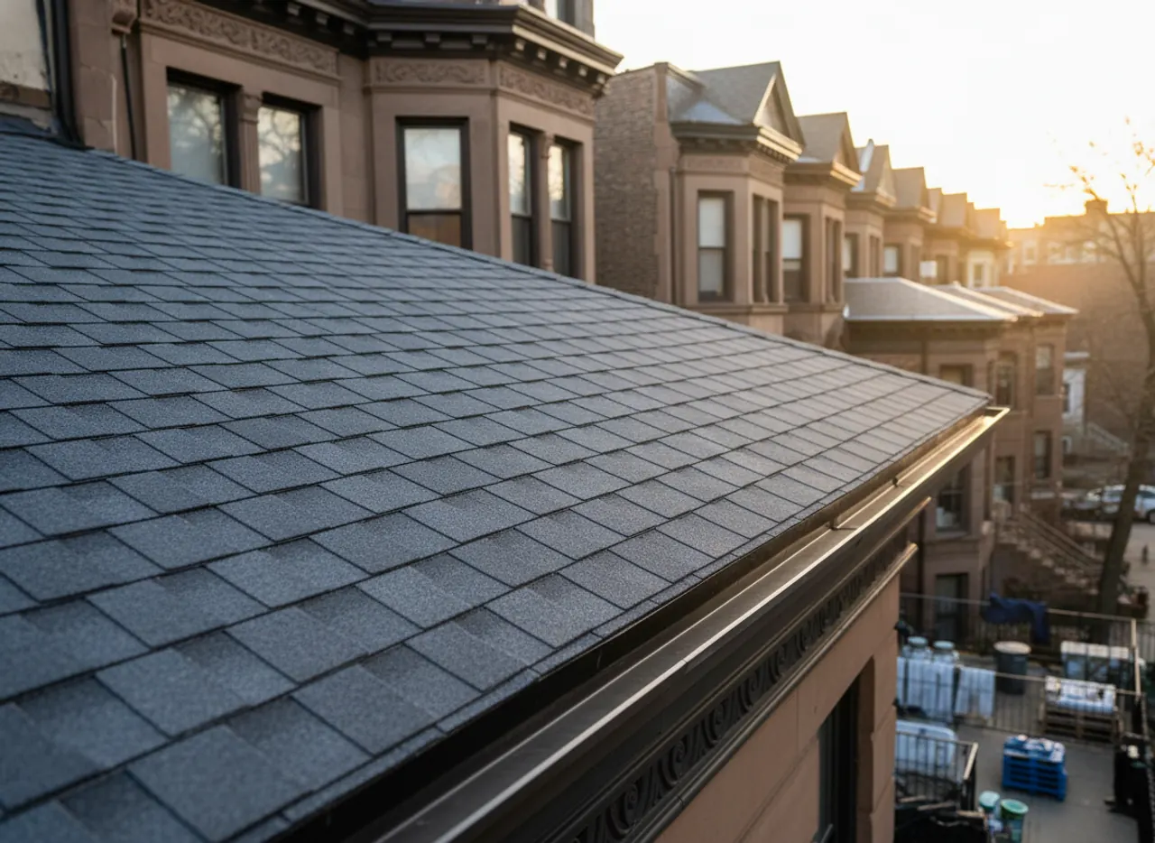 Close-up of durable asphalt shingles on a finished roof, showing thorough craftsmanship and weather resistance.
