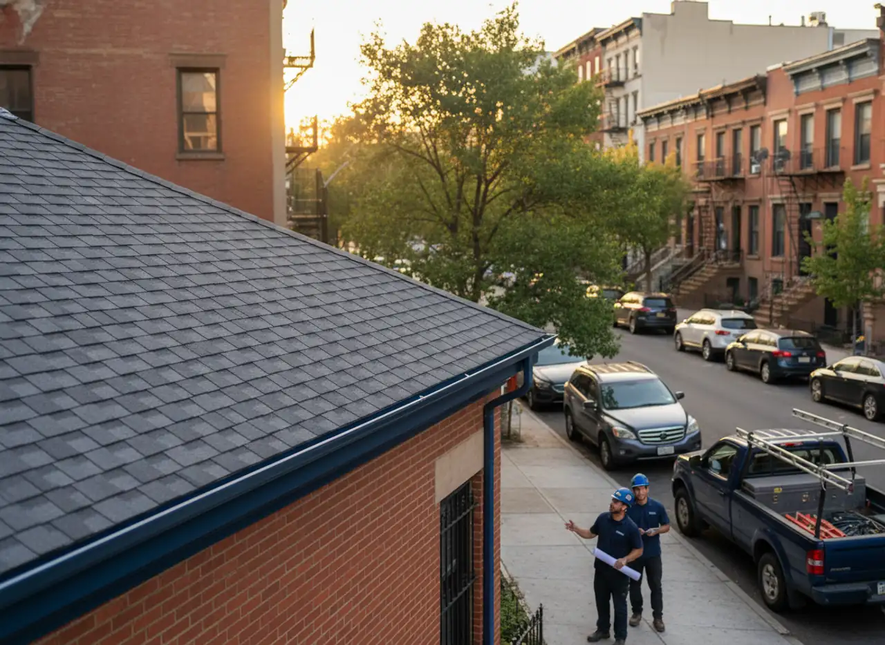Before and after: a newly repaired shingle roof in a Brooklyn neighborhood, looking pristine and...