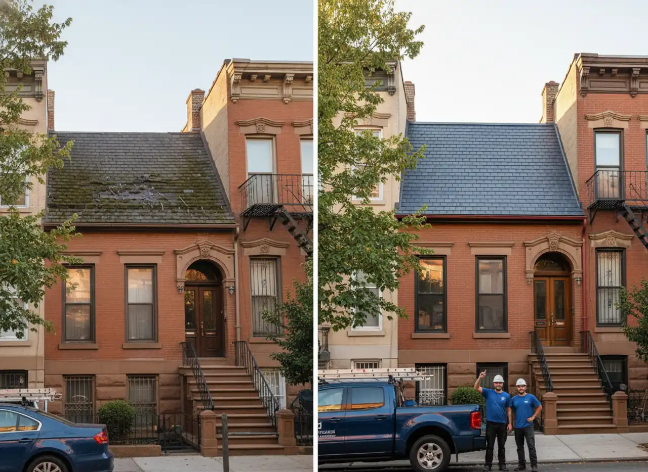 Before and after view of a shingle roof replacement in Bushwick, showing improved curb appeal