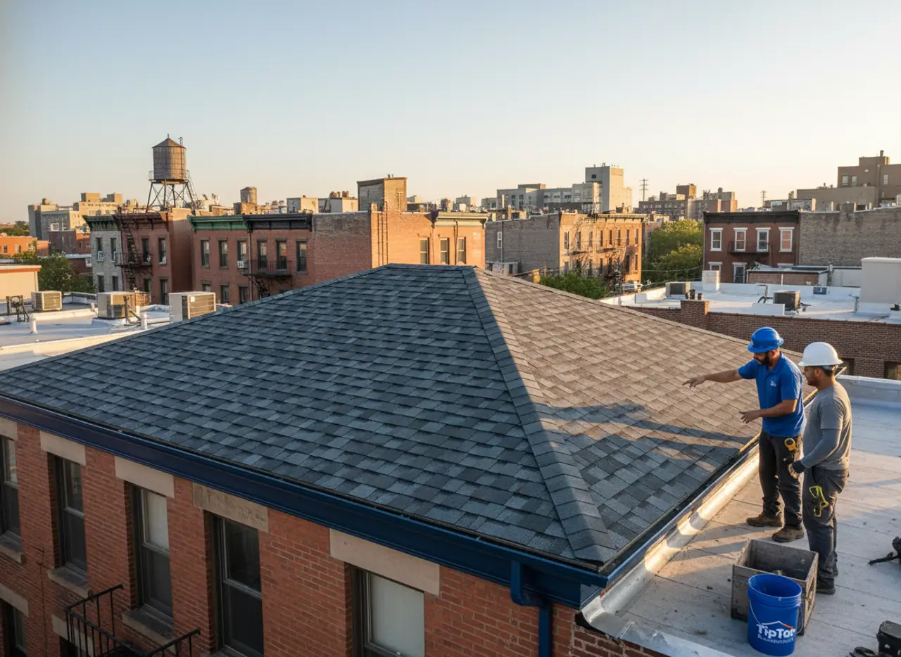 Close-up of a completed shingle roof showcasing a durable and aesthetically pleasing finish on a...