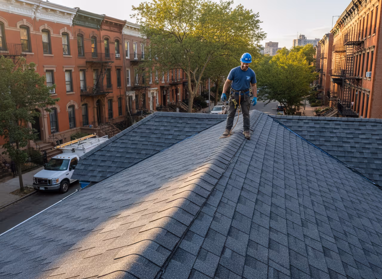 A TipTop Roofing Williamsburg crew member inspecting a shingle roof with a safety harness in Brooklyn.