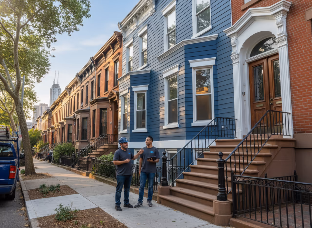 A freshly completed home exterior with stylish new siding in a historic Bedford-Stuyvesant neighborhood.