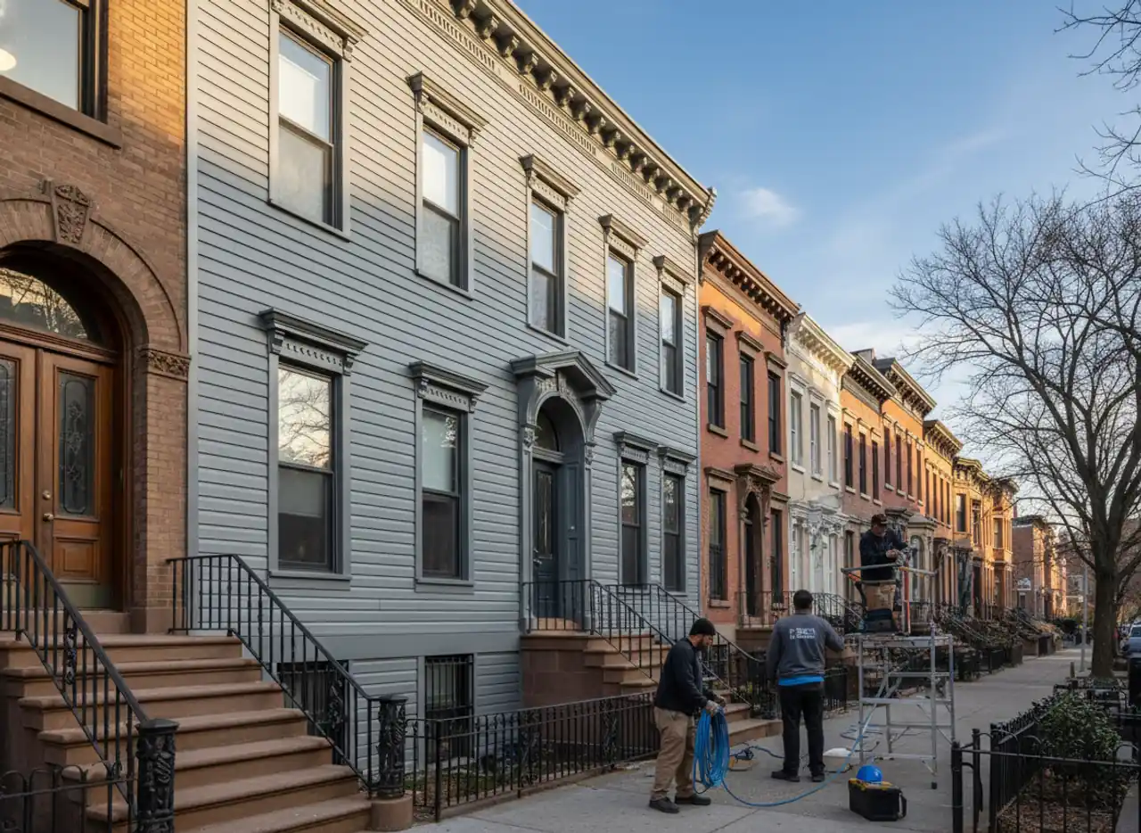 Workers installing new gray vinyl siding on a multi-story building in an urban Brooklyn setting.