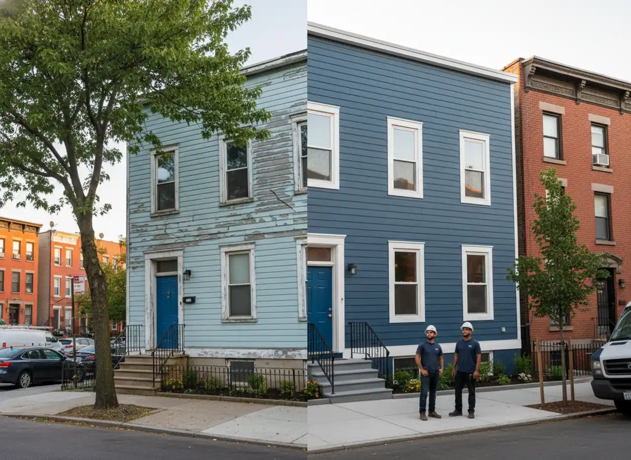 Before and after view of a home in East Williamsburg showing a significant upgrade with new siding.