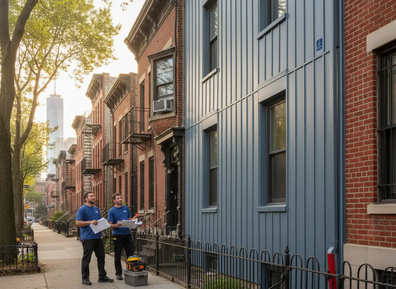 TipTop Roofing crew installing a siding panel on a Greenpoint residential building, ensuring a...