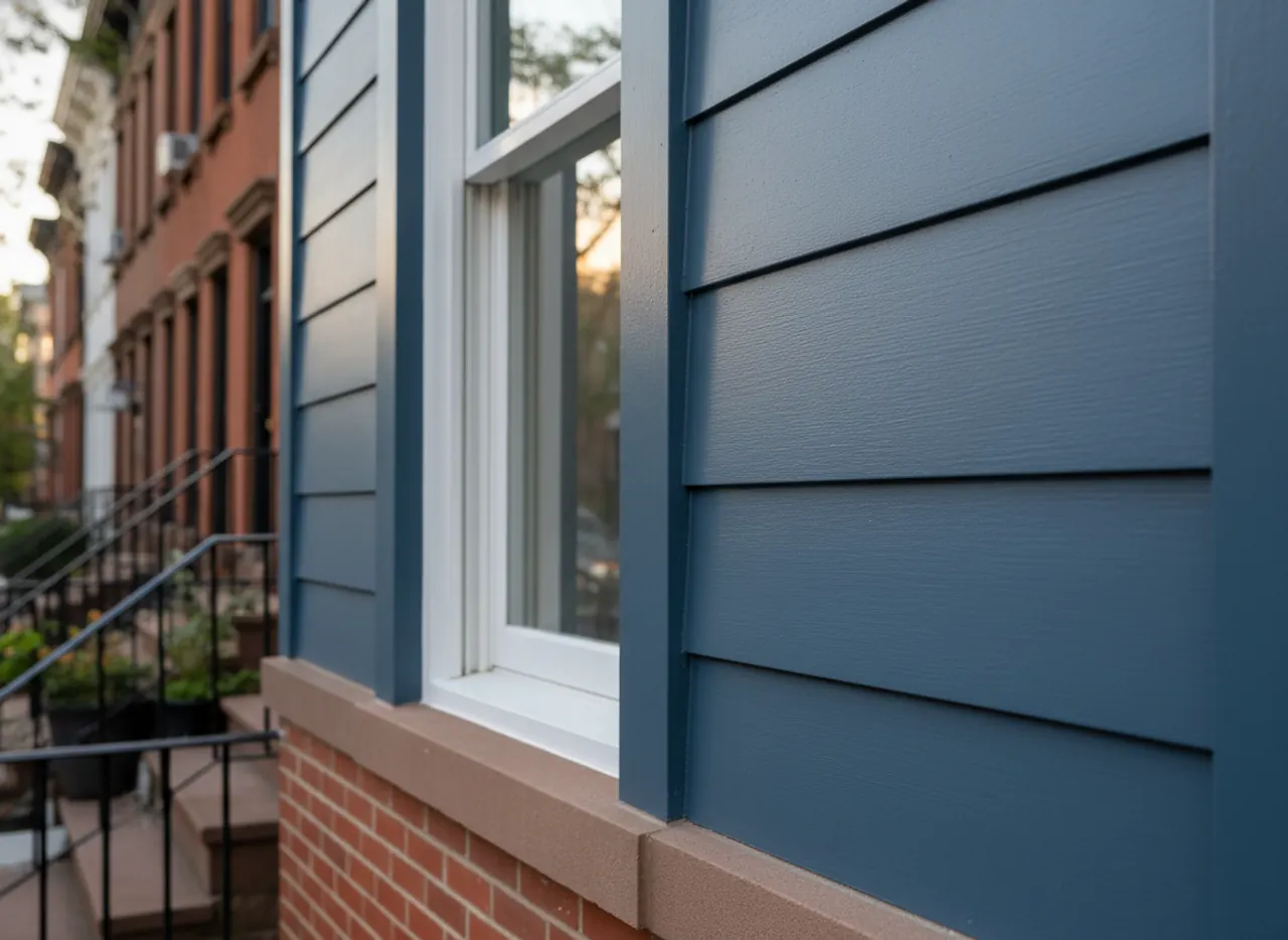 Close-up of a residential building's new siding with a smooth, durable finish and precise corner...