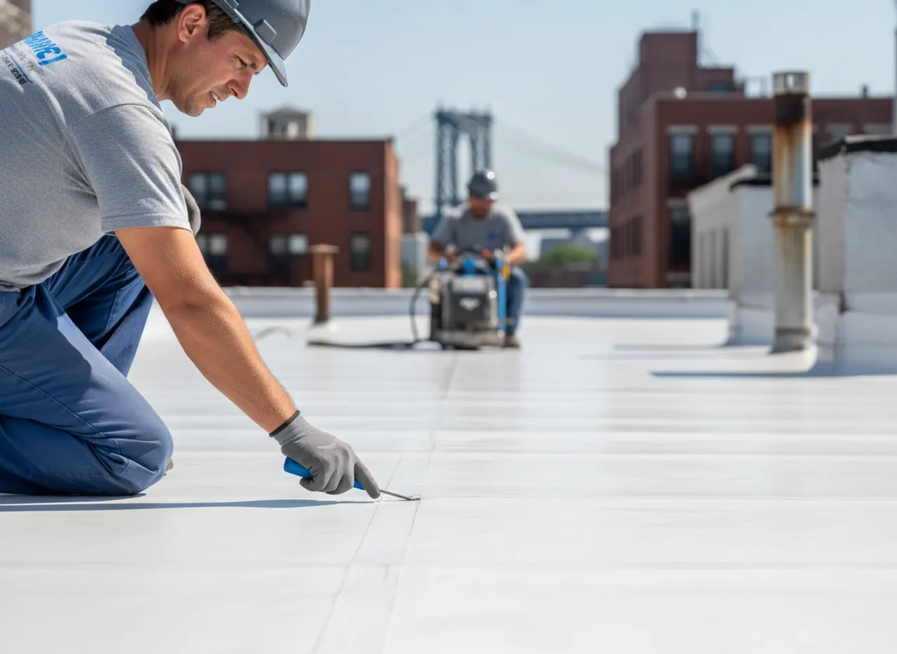Close-up of newly installed TPO flat roofing membrane with smooth, waterproof finish