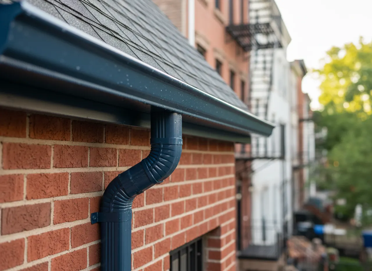 A close-up view of a newly installed gutter system, highlighting the smooth design and proper downspout connection.