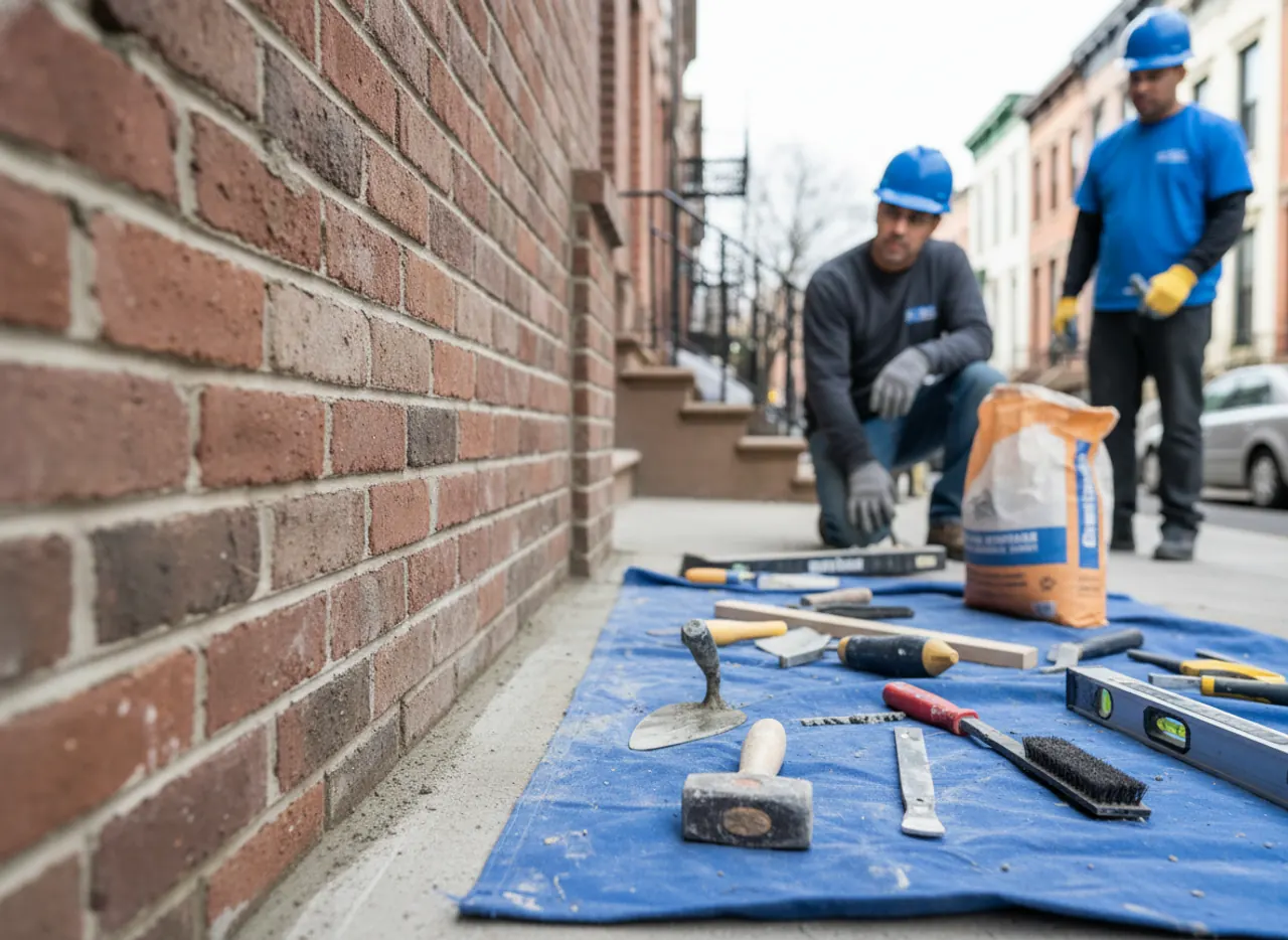 Masonry tools laid out next to a recently completed brick repair section