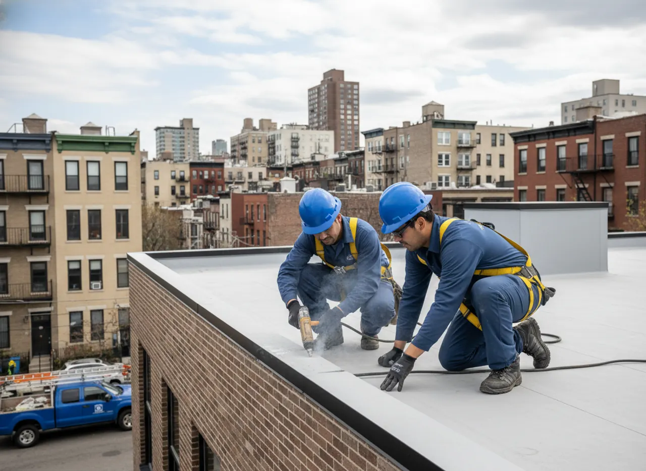 Modern commercial building with a newly installed TPO flat roof, showing quality roof installation for Brooklyn...