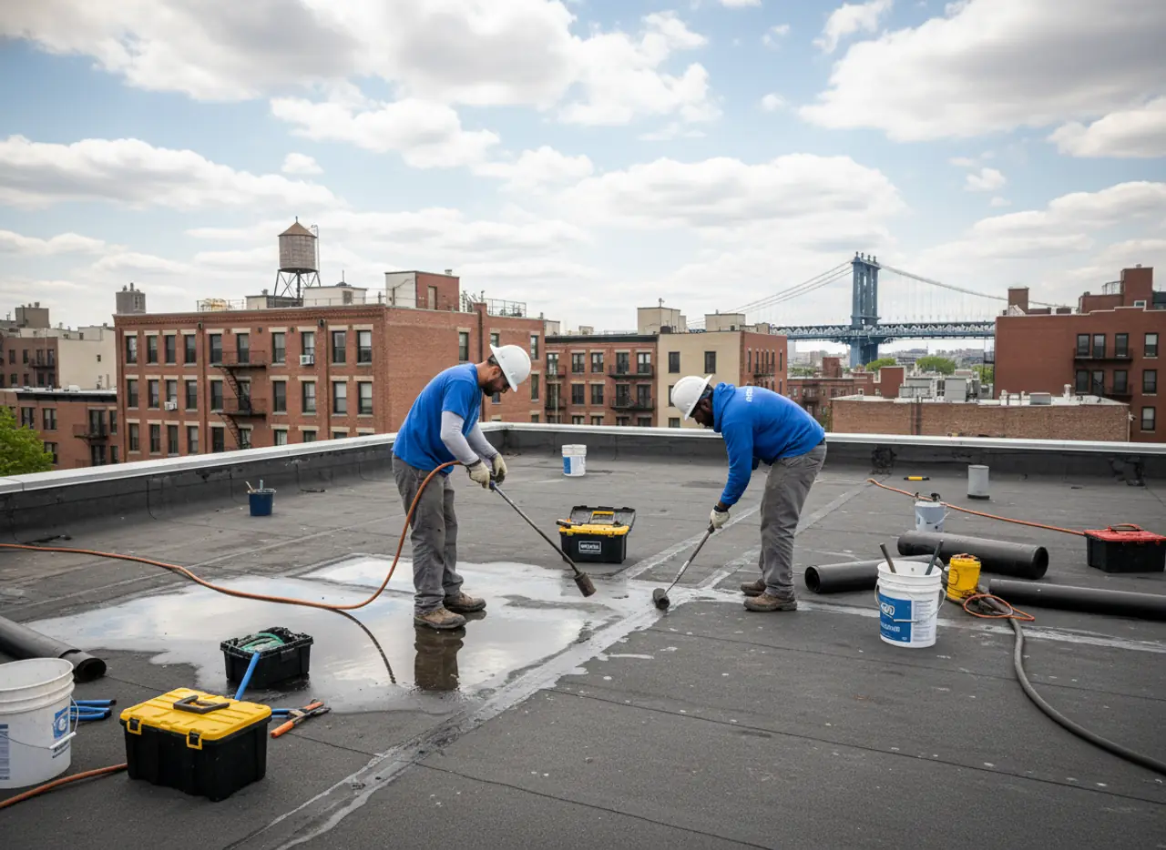 Overhead view of a flat roof being repaired to address water pooling issues.