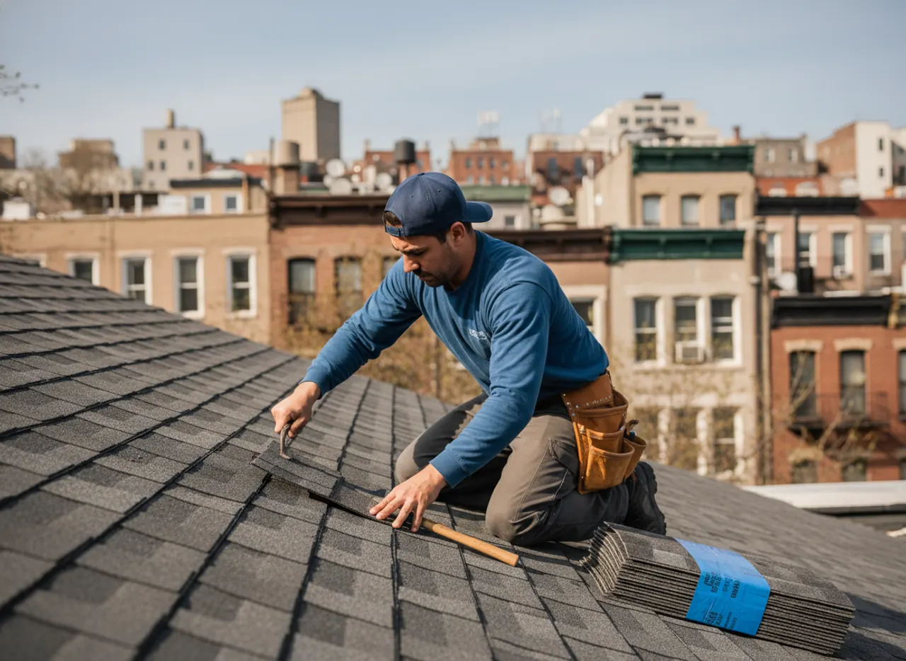 Skilled roofer performing shingle repair on a residential roof, ensuring precise work.