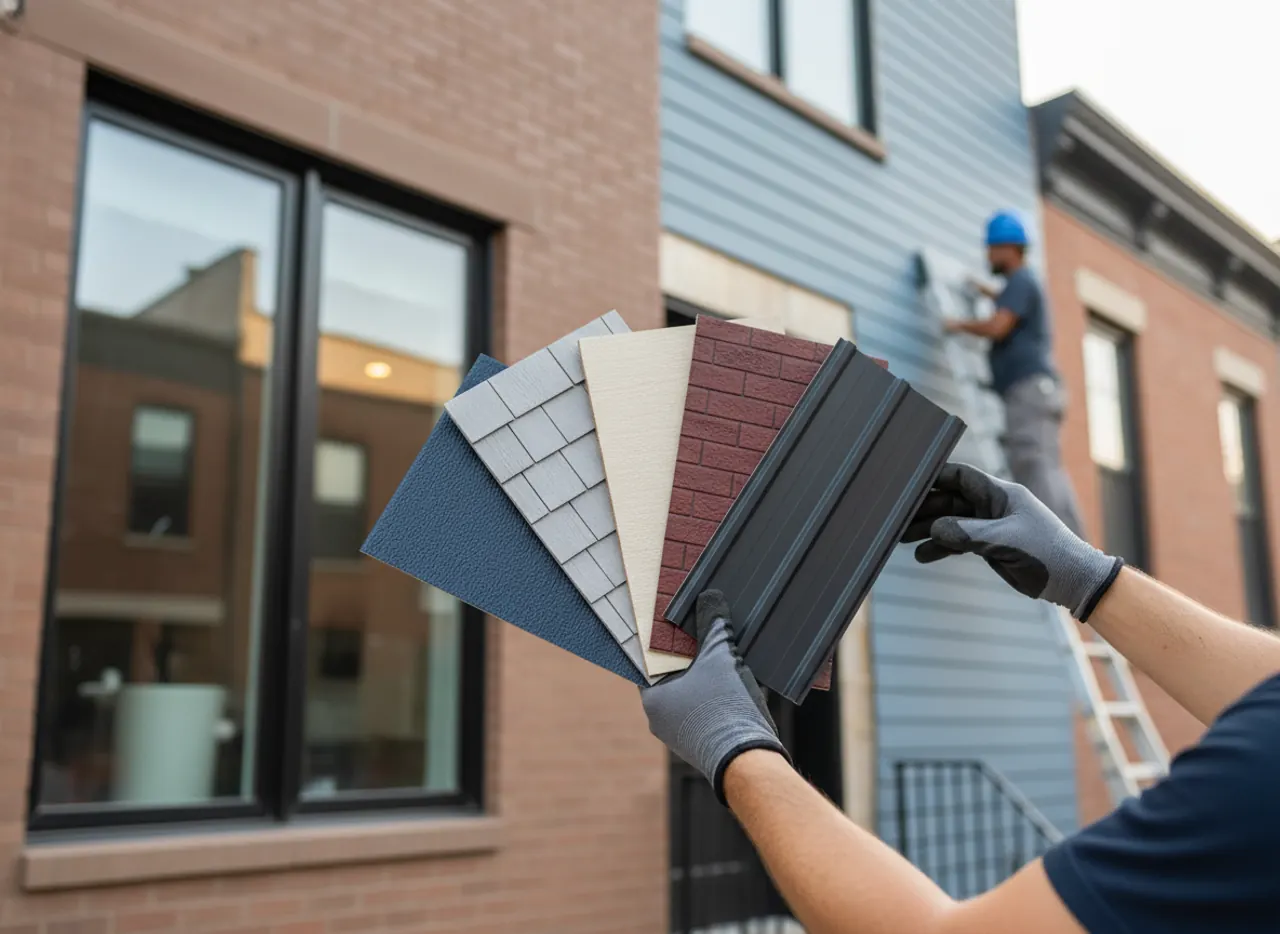 A hand holding various siding material samples against a modern house exterior, showing choices.
