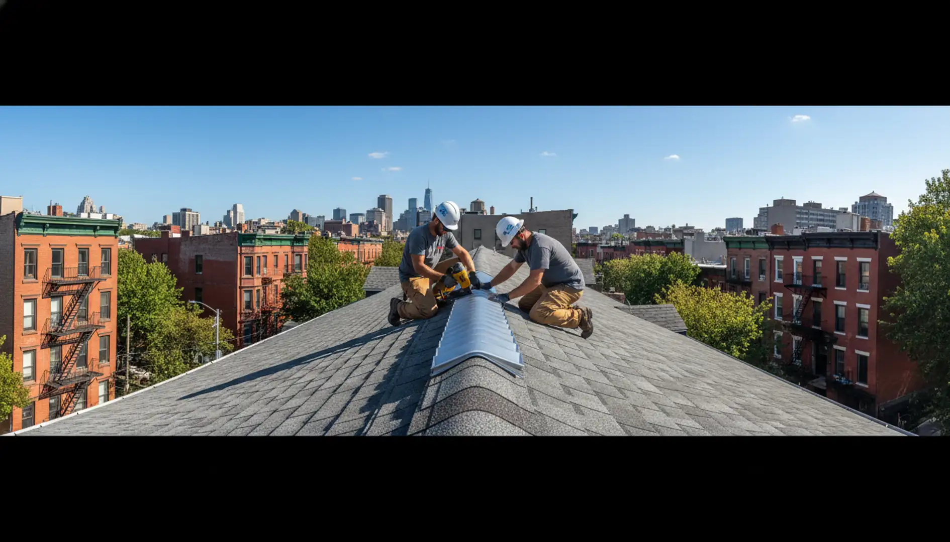 Roof with new attic ridge vent installation in Brooklyn, showing clear sky and well-maintained...
