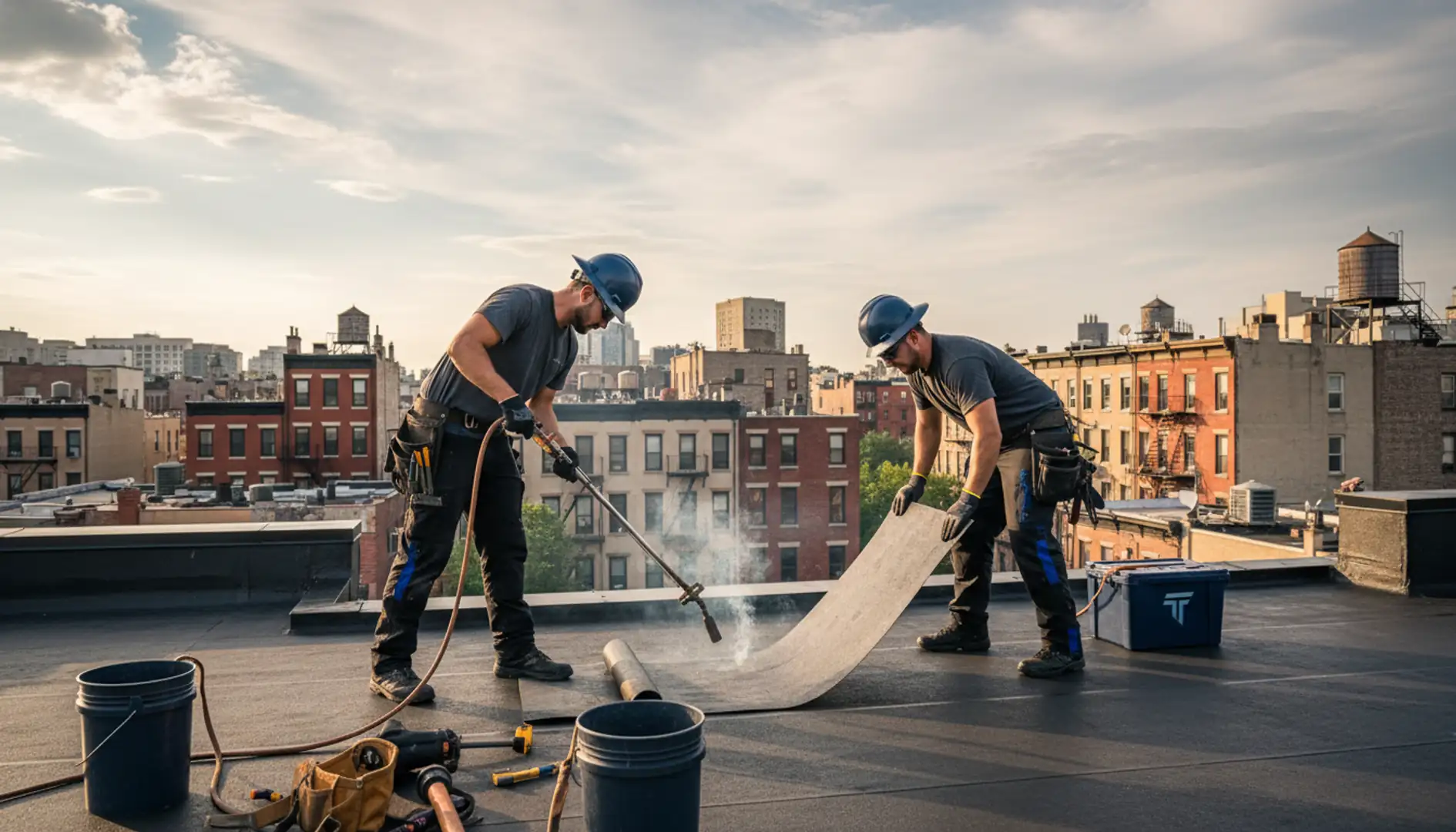 Modern flat roof installation in progress on a commercial building in Brooklyn