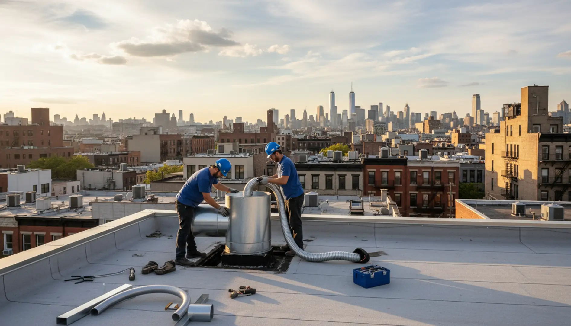 Roof with new loft ventilation system visible against a Brooklyn skyline
