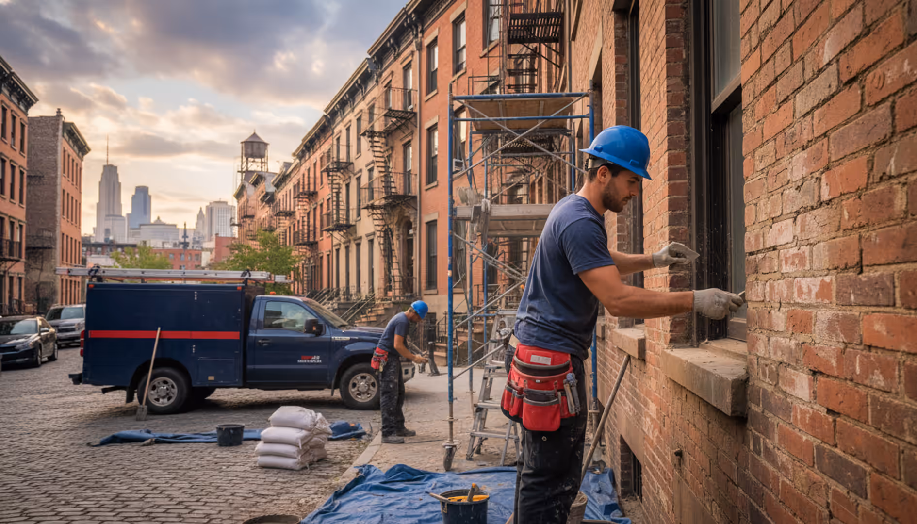 Skilled masons working on a brick wall facade repair in Brooklyn
