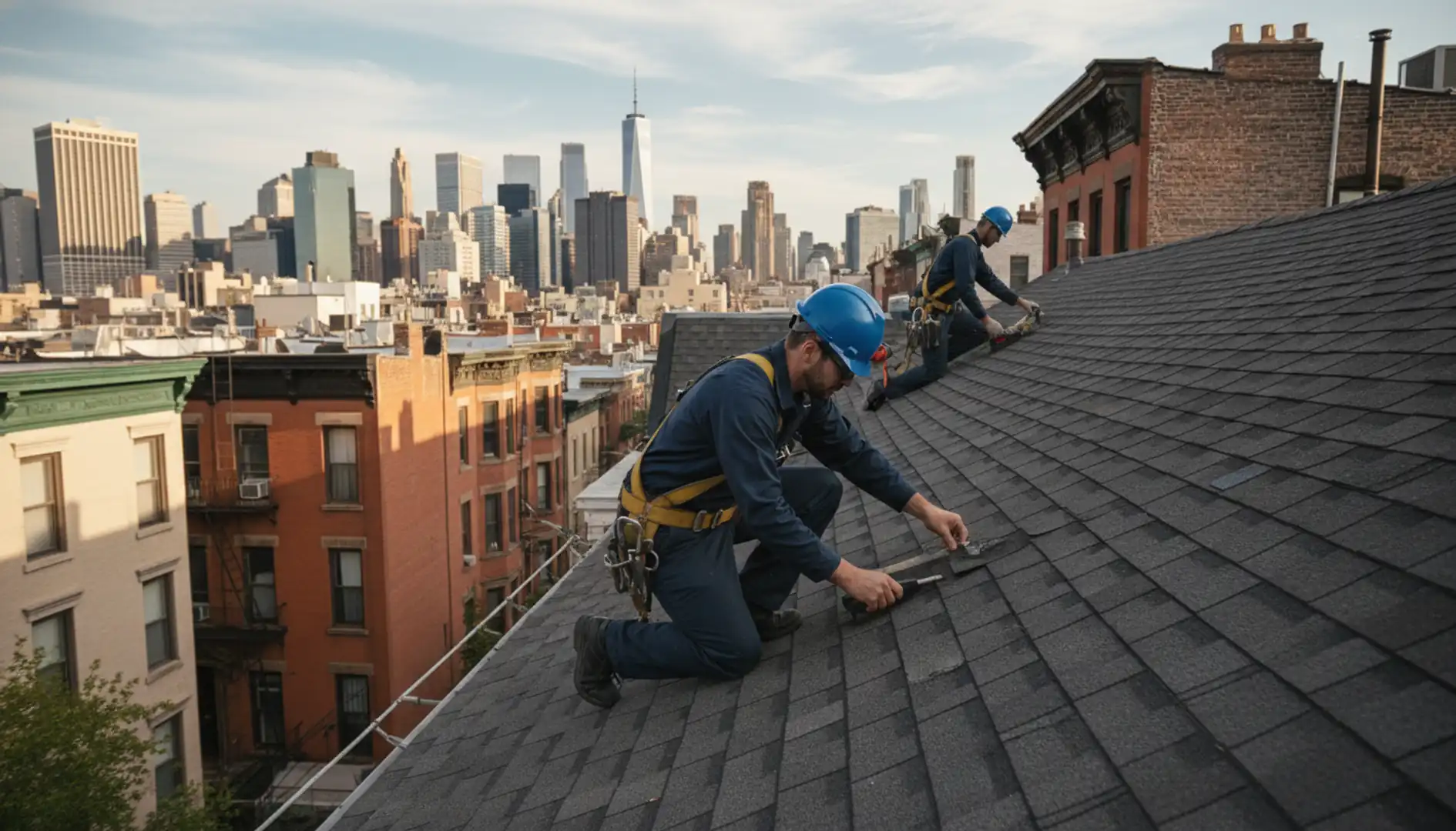Skilled roofer performing a detailed roof inspection on a Brooklyn brownstone, city skyline visible.