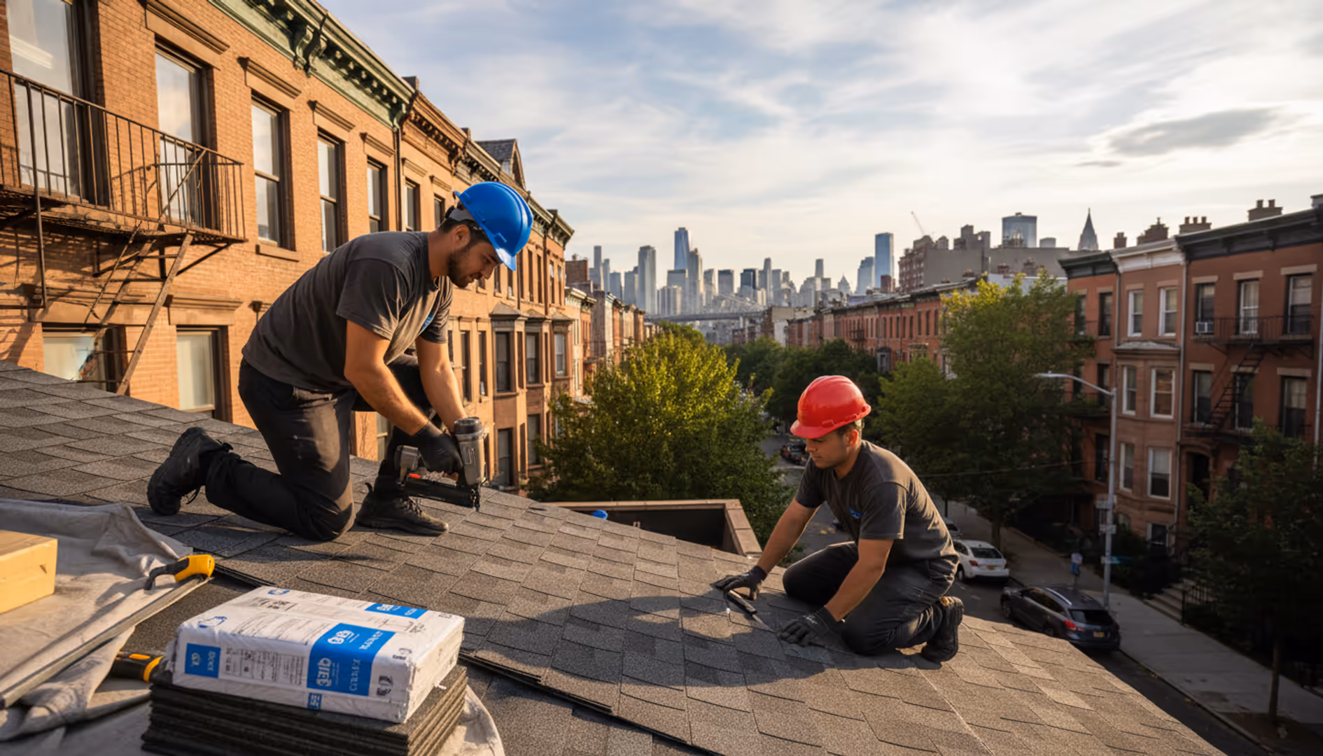 Newly installed shingle roof by TipTop Roofing Williamsburg on a Brooklyn home, featuring dark...