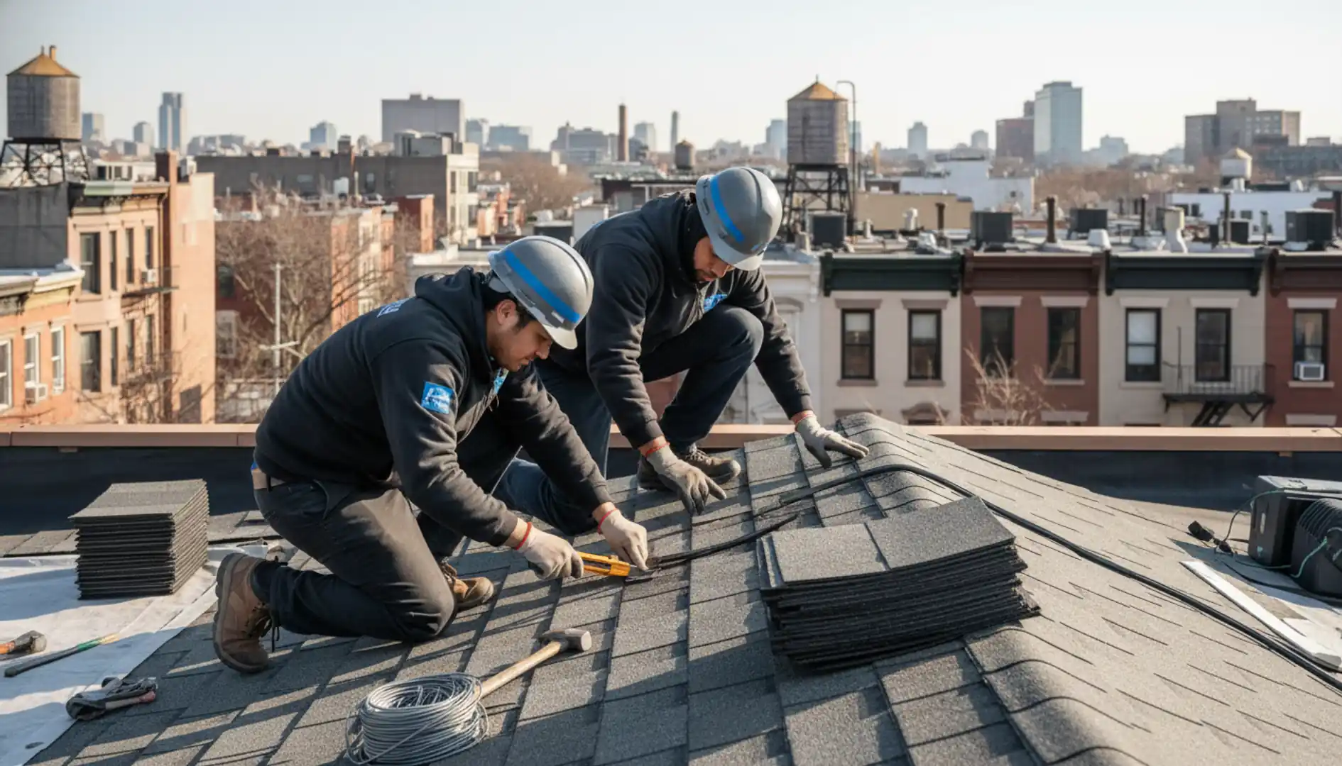 Roofing crew performing professional roof repair on a residential property in Brooklyn.