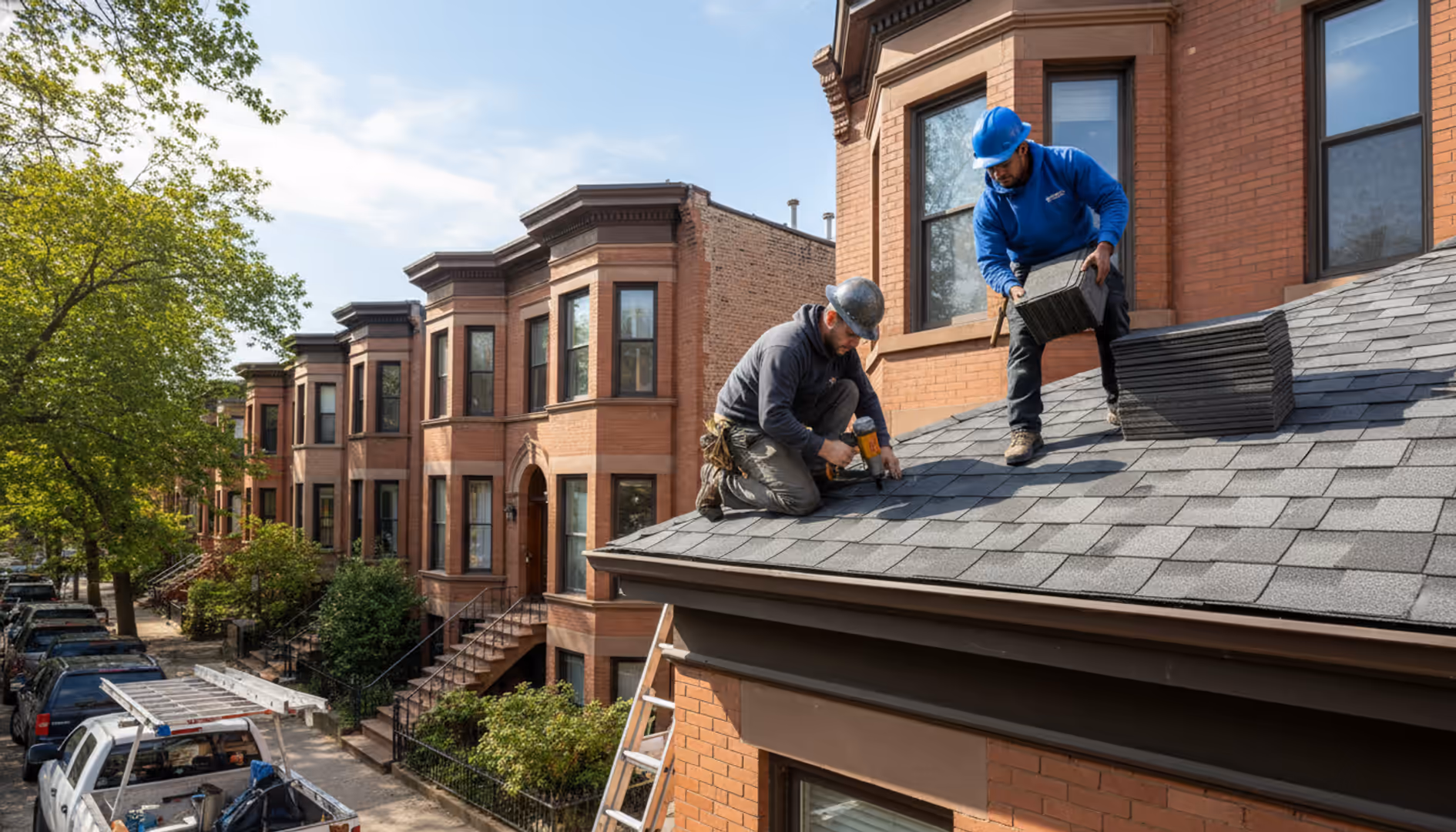 New shingle roof installed on a Brooklyn brownstone, showing expert craftsmanship and modern...