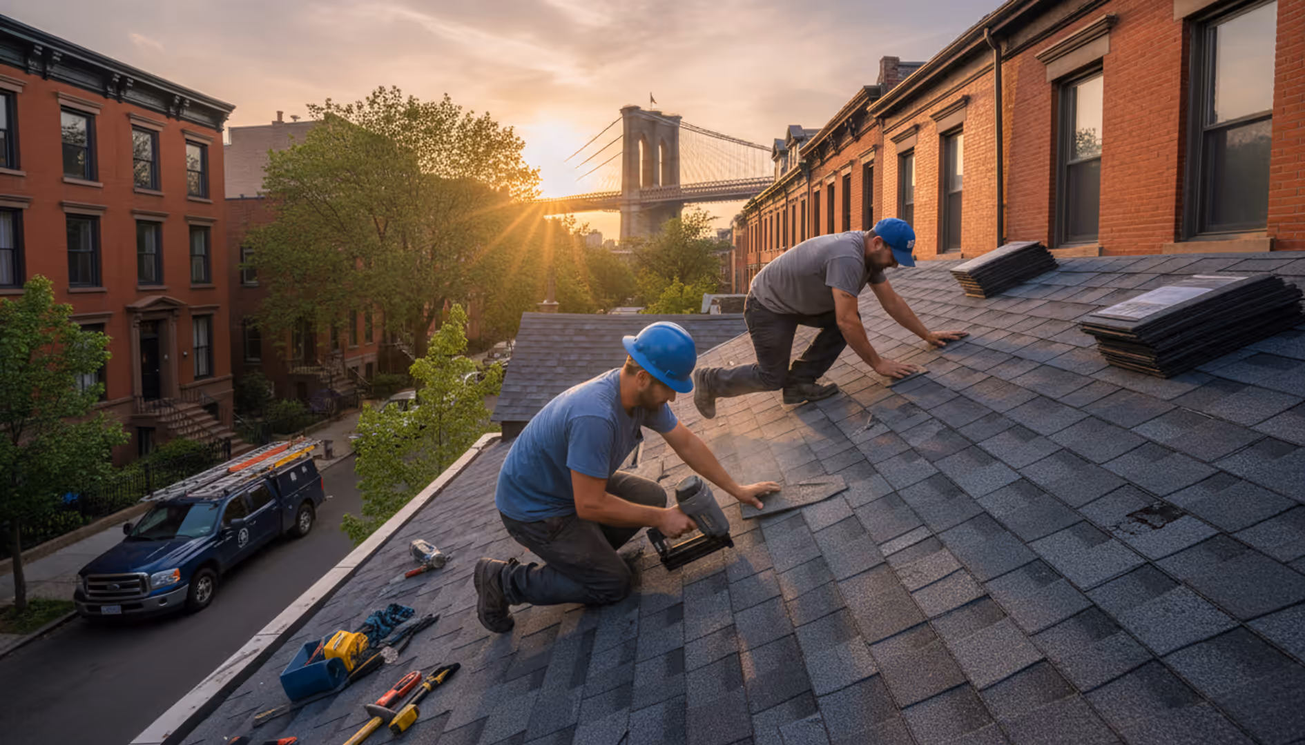Newly installed asphalt shingle roof on a Brooklyn home by TipTop Roofing Williamsburg. Quality craftsmanship.