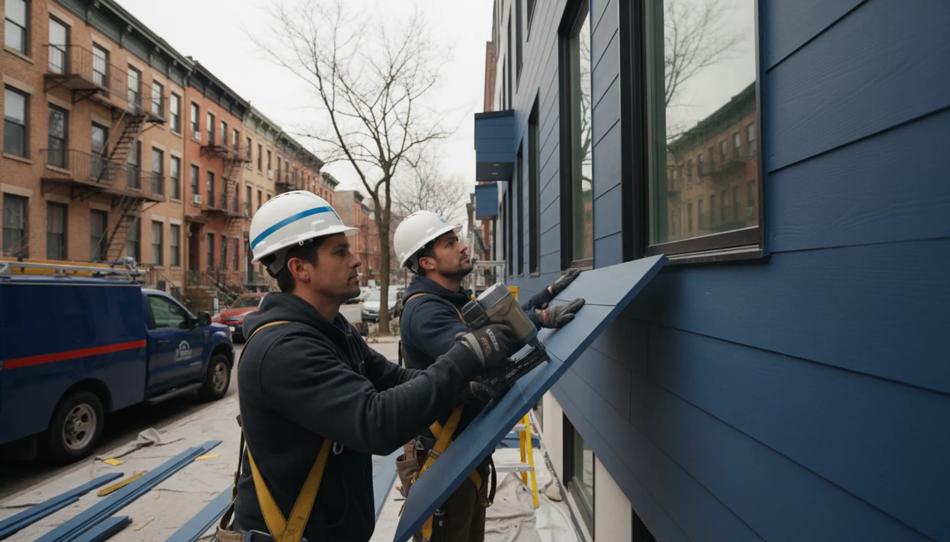 Skilled professionals installing new siding on a modern residential building in Brooklyn.