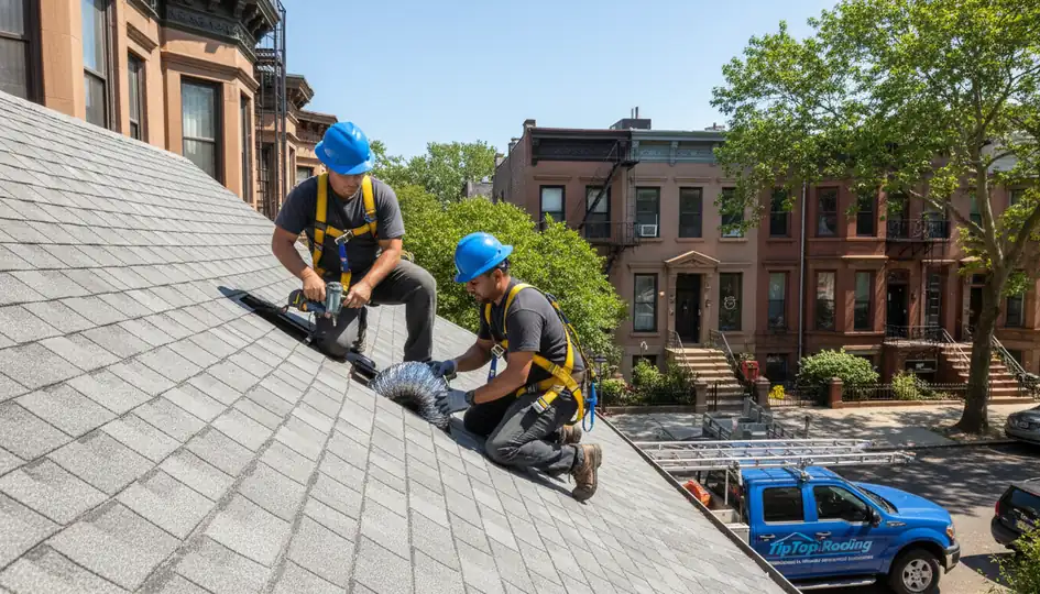Modern residential home in Bedford-Stuyvesant, Brooklyn, with a clear blue sky, emphasizing a...