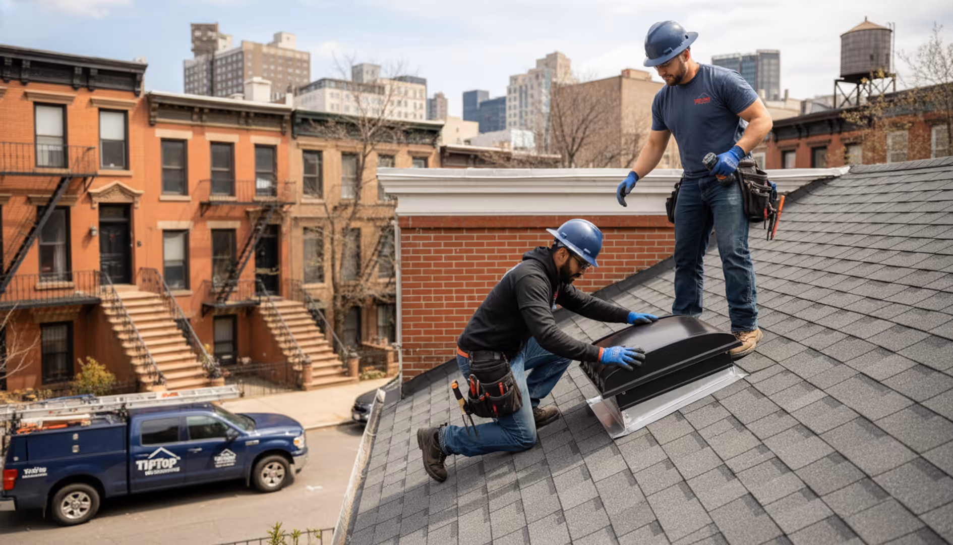 Roofline of a Brooklyn home with a clearly visible attic vent installation