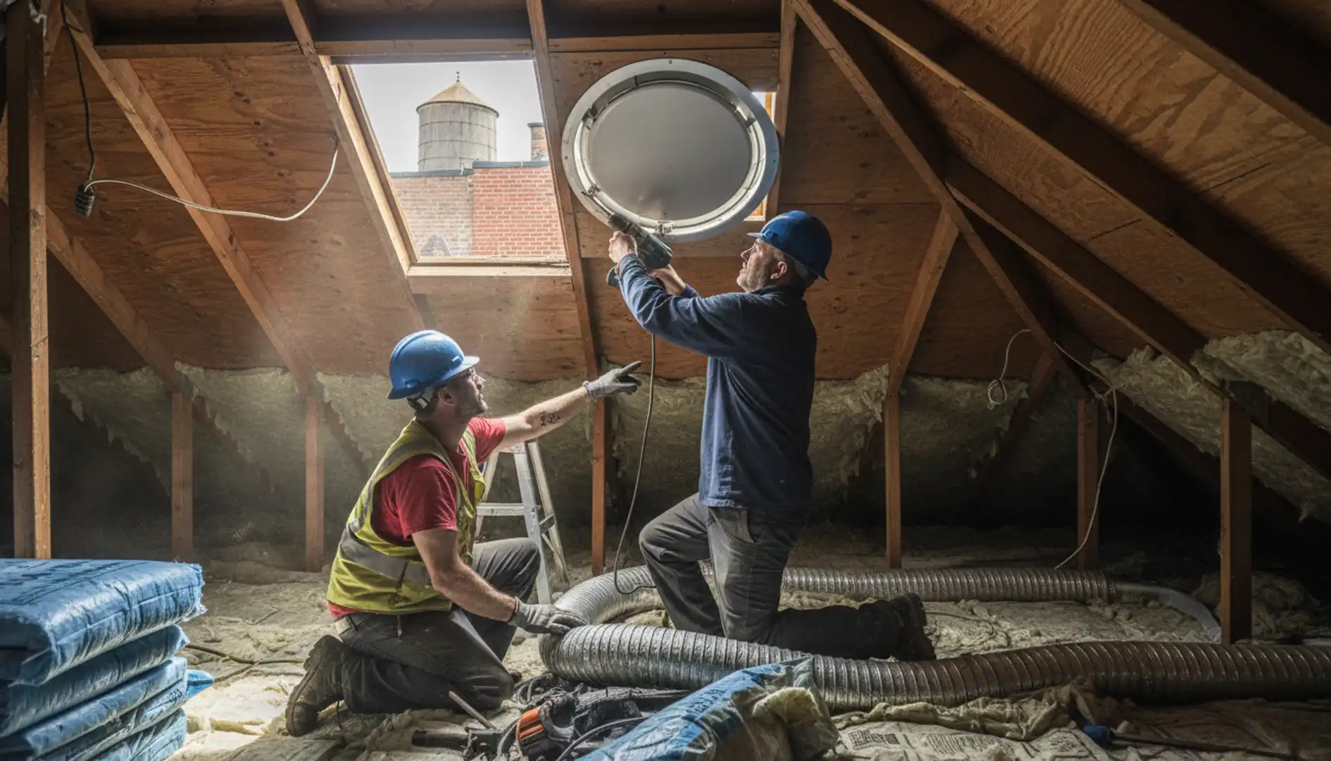 A well-ventilated attic interior with insulation and roof vents, ensuring proper airflow in a Bushwick home.