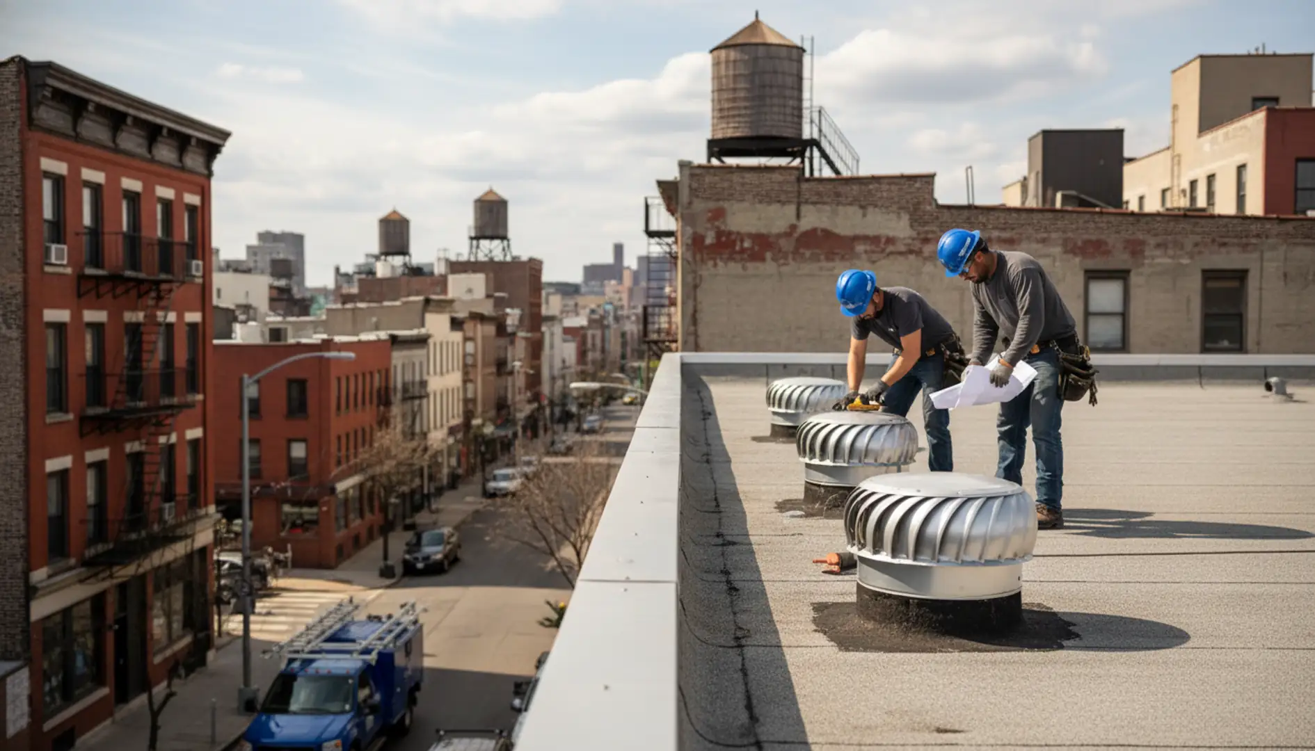 Modern home with newly installed attic vents on the roof in East Williamsburg, Brooklyn.