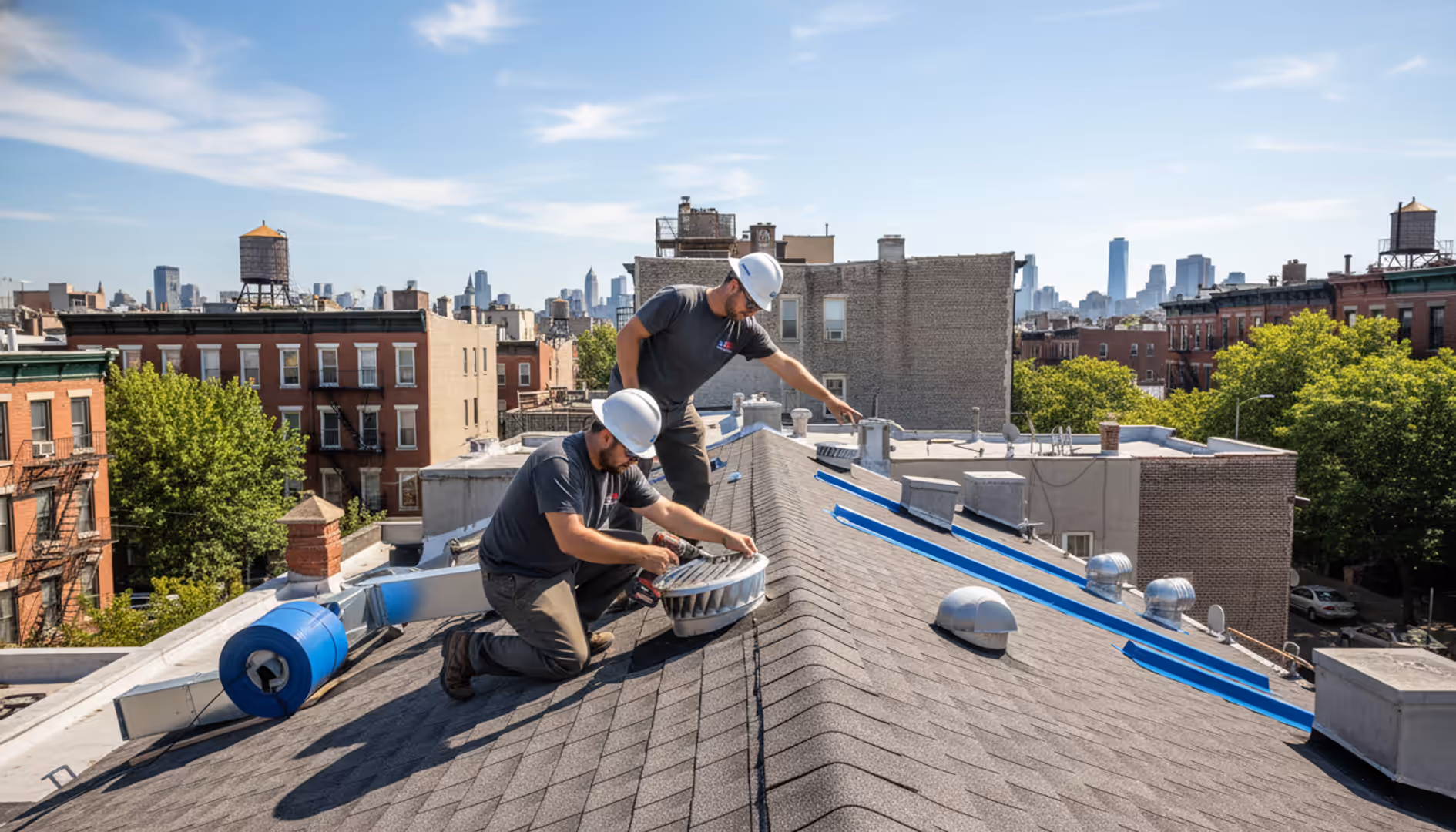 Residential roof in Greenpoint with visible attic ventilation system against a blue sky.