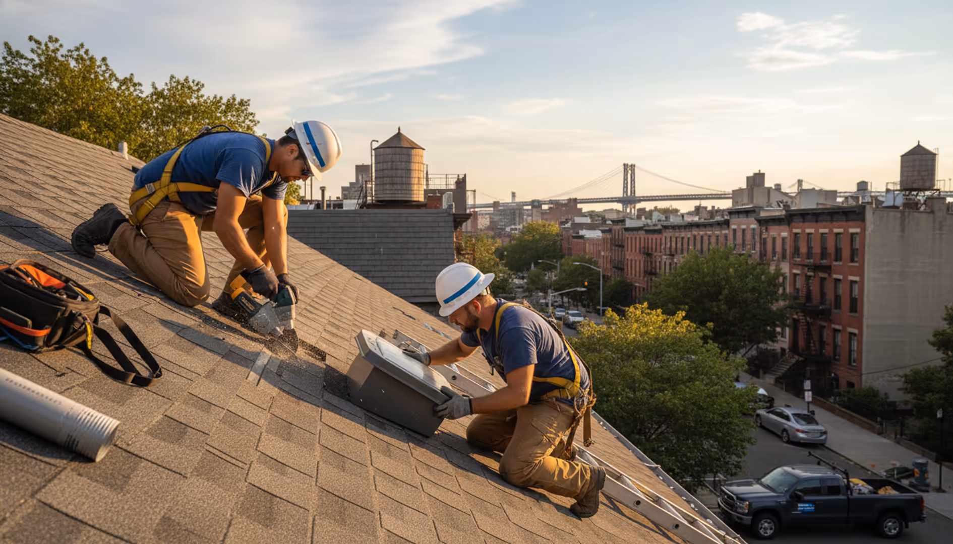 New attic vents being installed on a Brooklyn home roof by TipTop Roofing team.