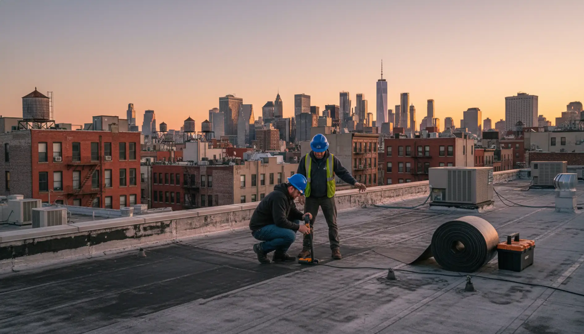 Professional roofer inspecting a flat roof on a commercial building in Brooklyn, showing expertise.