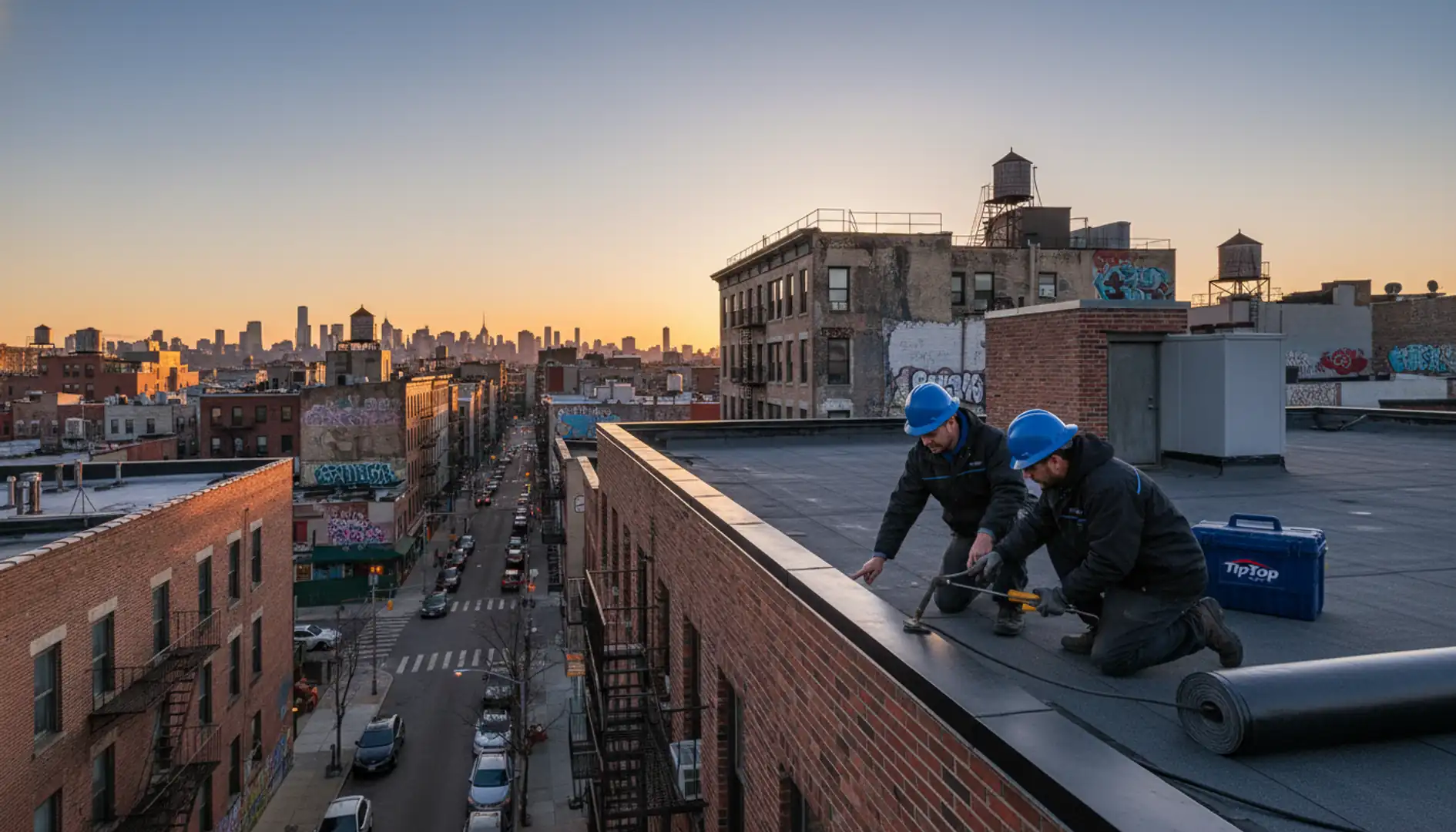 Modern building with a newly installed flat roof in Bushwick, Brooklyn, under a clear sky.