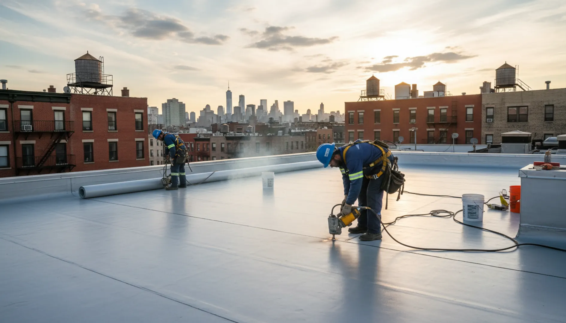 A newly installed flat roof on a commercial building in East Williamsburg, showing clean lines...