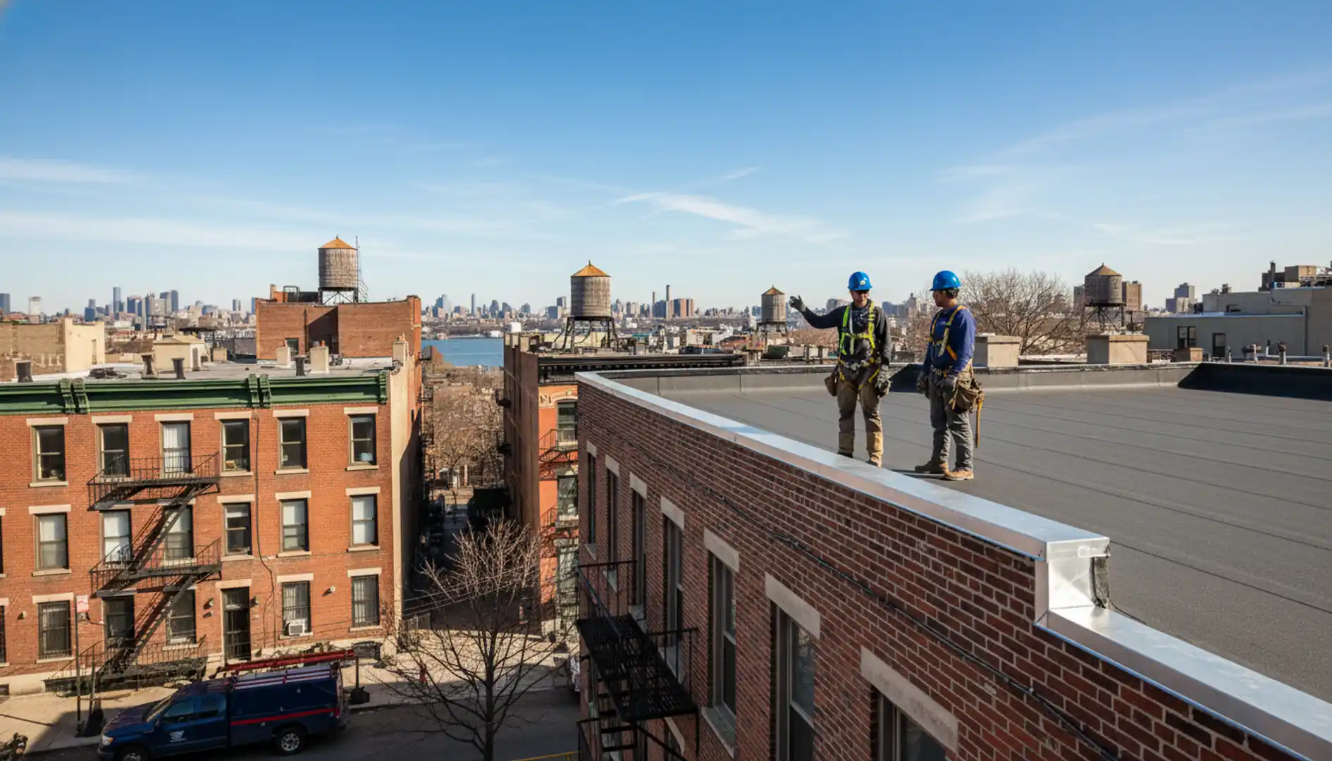 Newly installed flat roof in Greenpoint, Brooklyn, showing excellent craftsmanship under a blue sky.