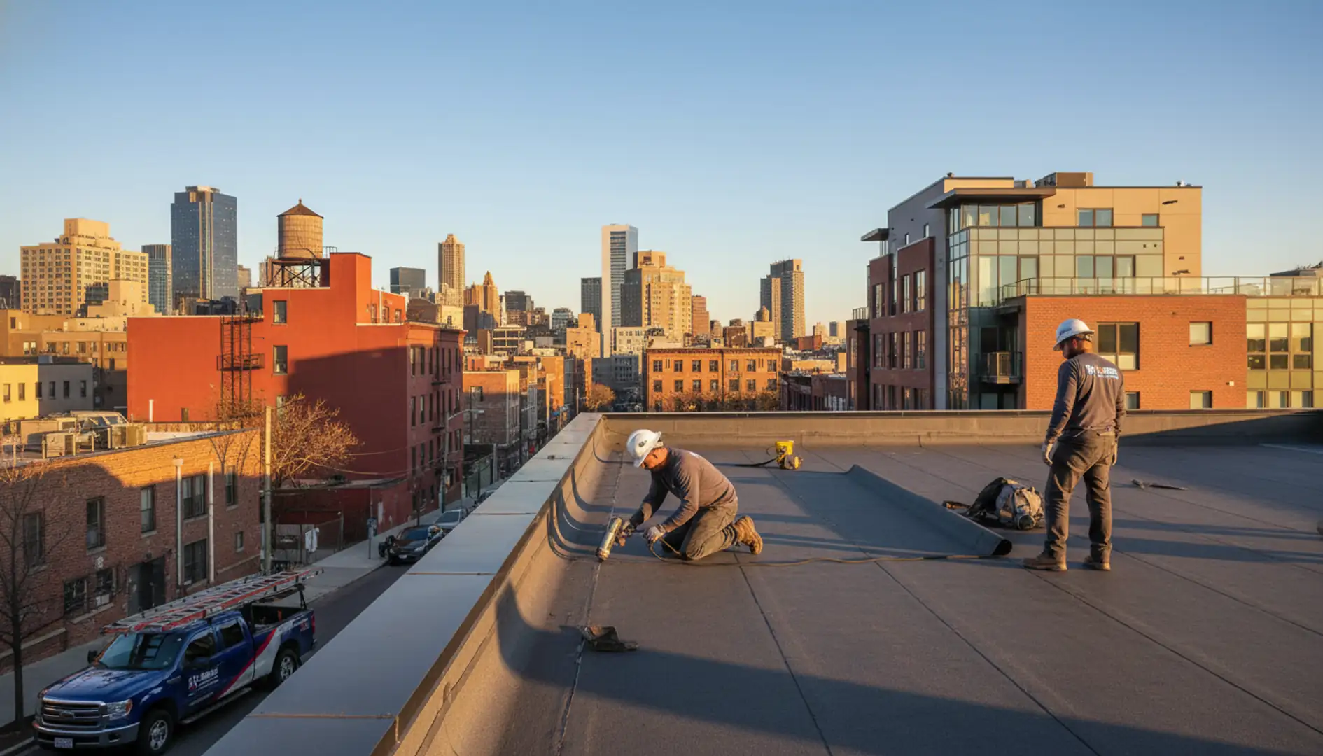 Modern building in Williamsburg with a new flat roof, showcasing urban architecture and rooftop potential.