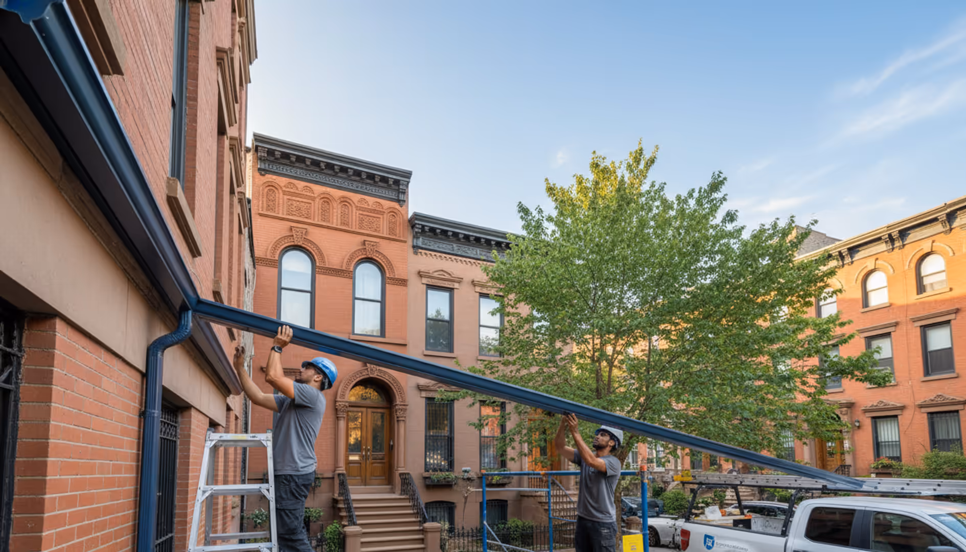 Newly installed smooth gutters on a charming brownstone in Bedford-Stuyvesant, Brooklyn.