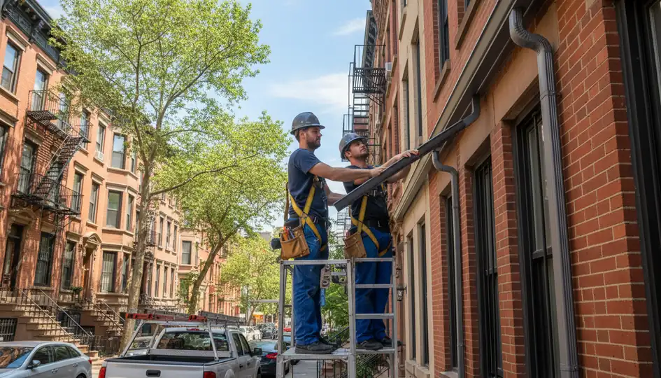 Newly installed smooth gutters on a brick home in Brooklyn, clearly directing rainwater away...